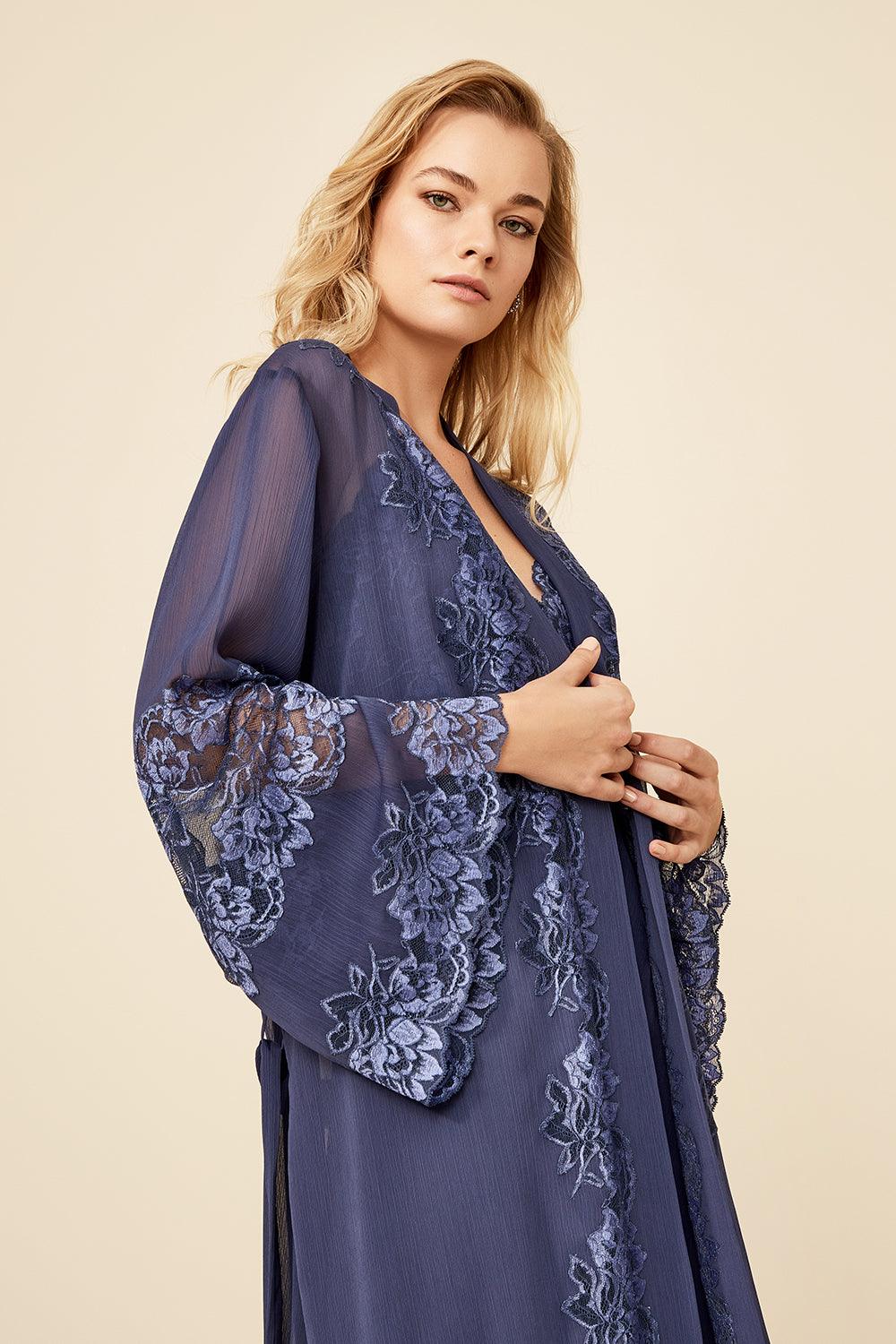 Bonnie - Long Silk Chiffon Robe Set - Indigo - Bocan