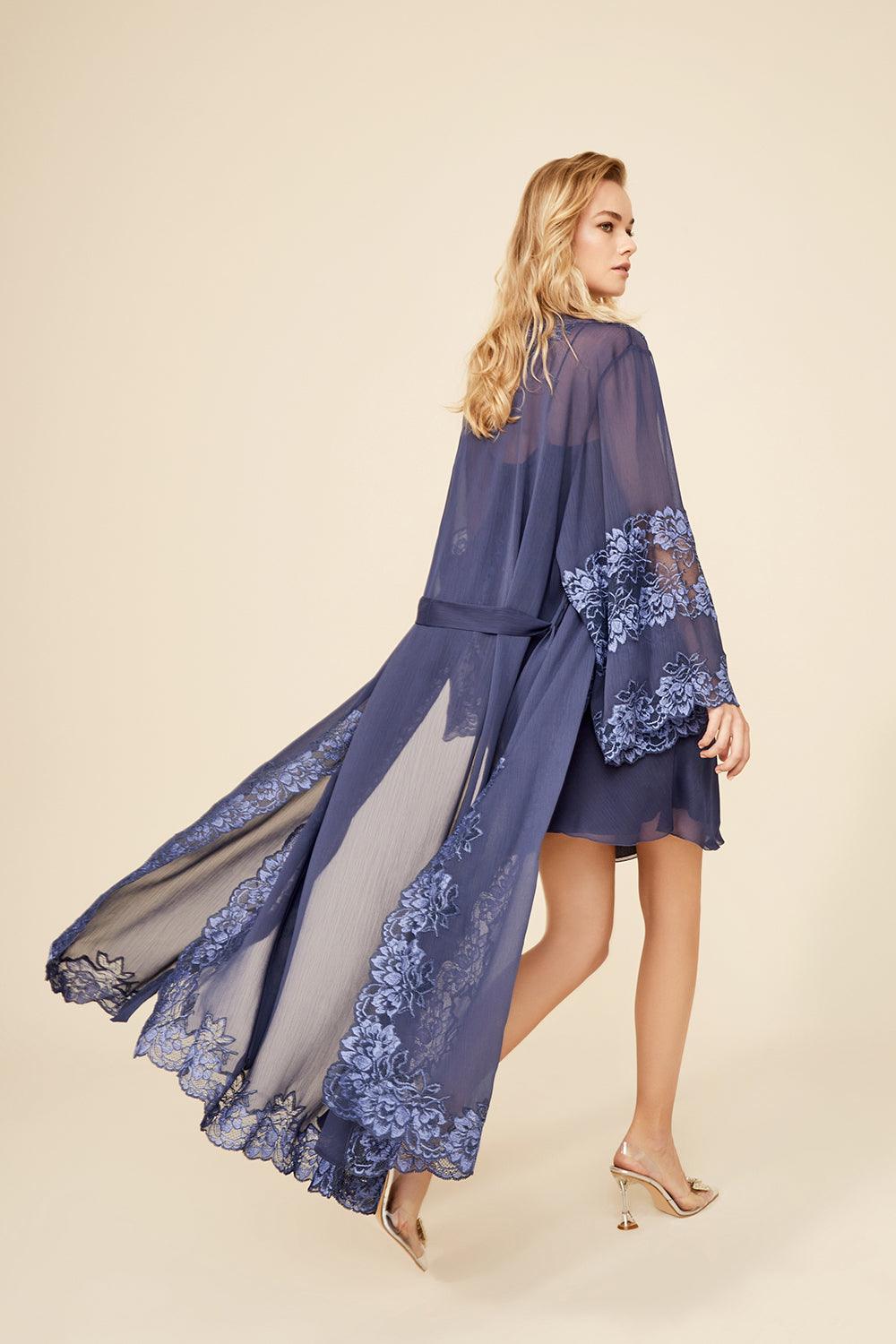 Bonnie - Long Silk Chiffon Robe Set - Indigo - Bocan