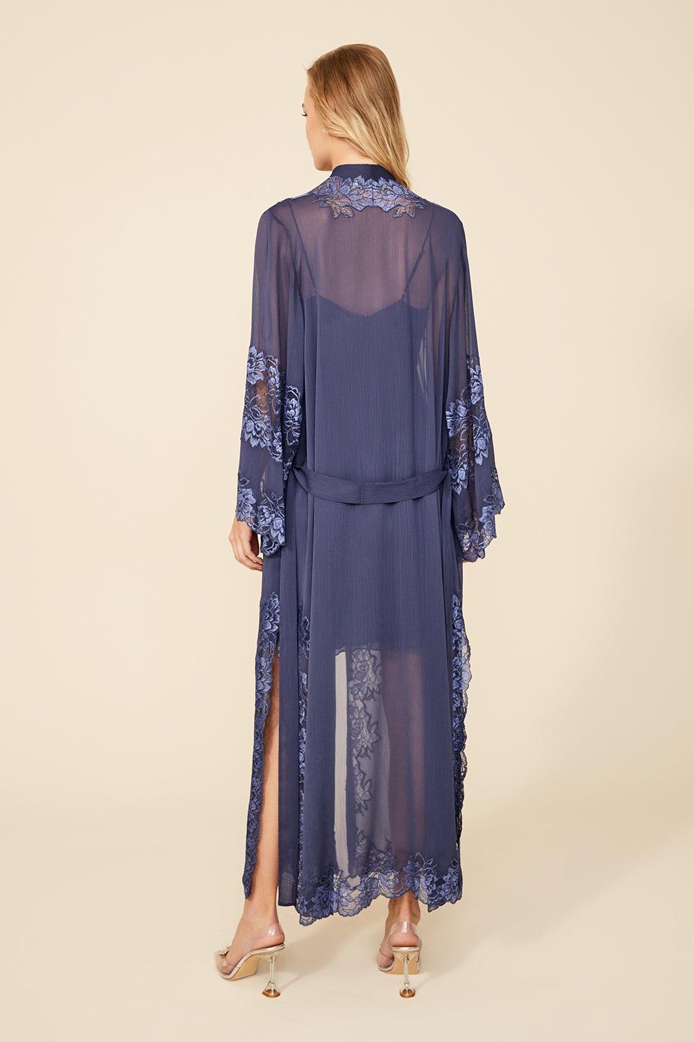 Bonnie - Long Silk Chiffon Robe Set - Indigo - Bocan