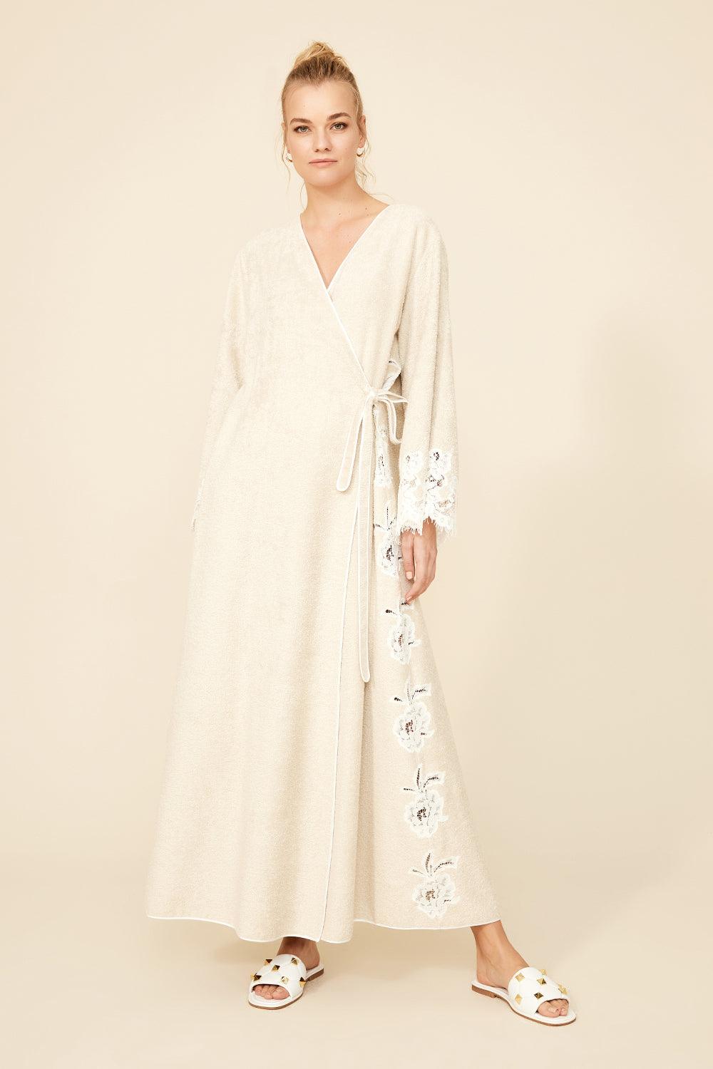 Brianna-Long Towel Belted Bathrobe-Sand - Bocan