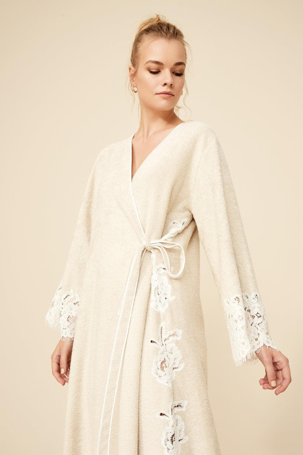 Brianna-Long Towel Belted Bathrobe-Sand - Bocan