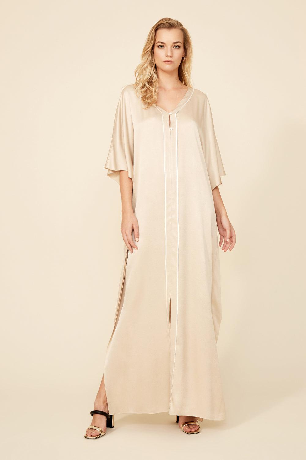 Cara - Long Rayon Buttoned Kaftan Dress - Sand - Bocan