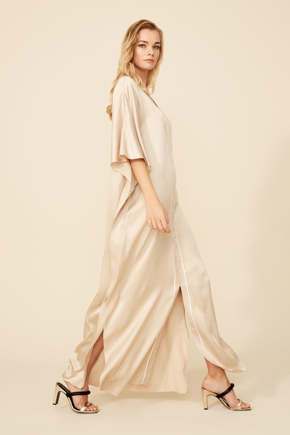 Cara - Long Rayon Buttoned Kaftan Dress - Sand - Bocan
