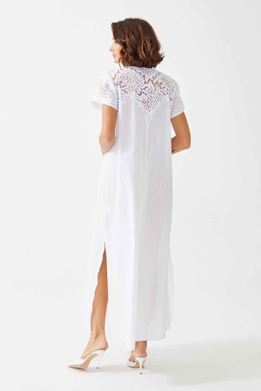 Chenar Long Cotton Voile Trimmed Half Sleeve Dress - Bocan