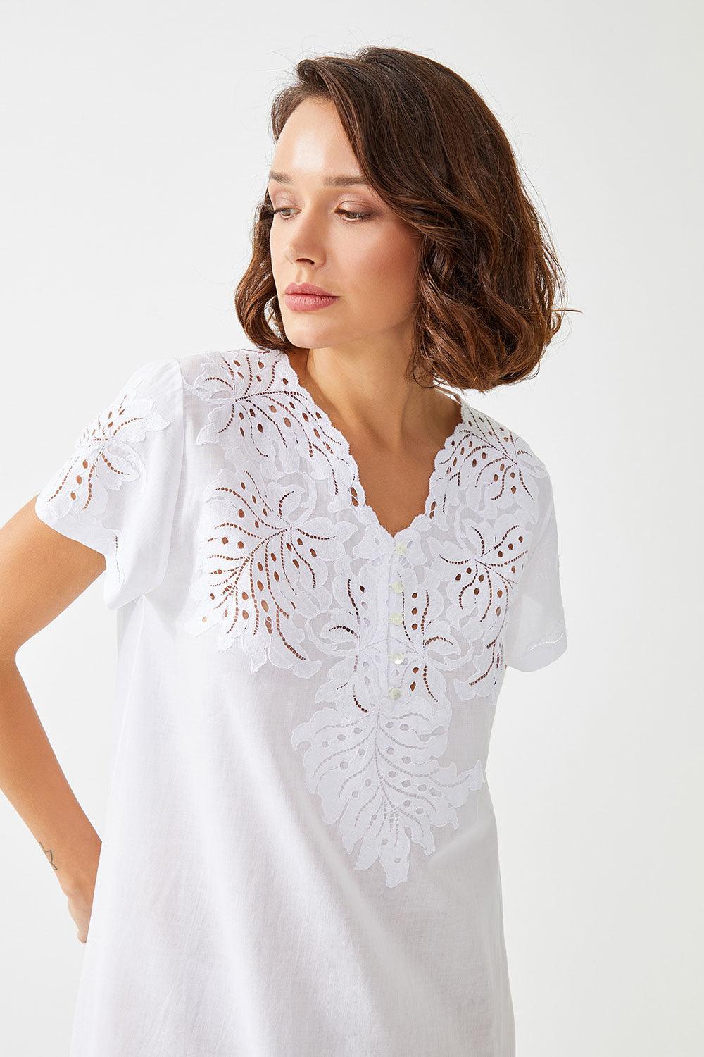 Chenar Long Cotton Voile Trimmed Half Sleeve Dress - Bocan