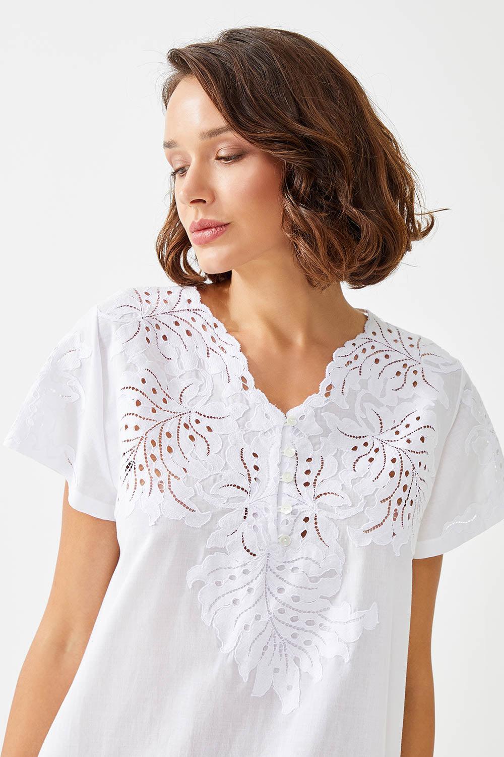 Chenar Long Cotton Voile Trimmed Half Sleeve Dress - Bocan