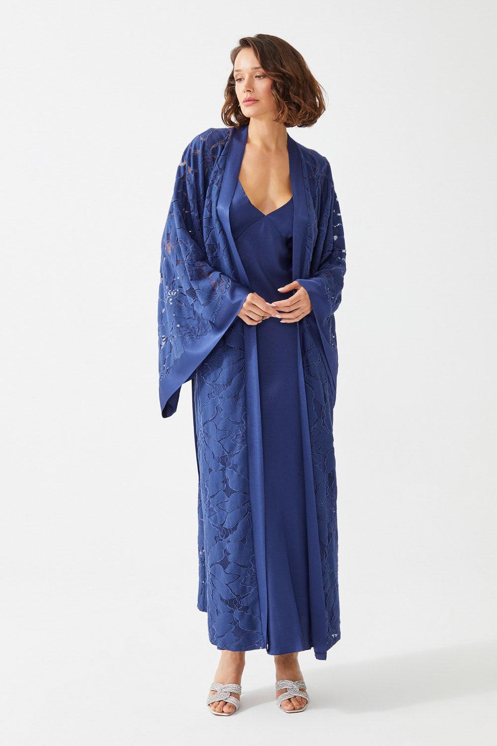 Clematis Long Rayon Full Trimmed with Lace Robe Set - Navy Blue - Bocan