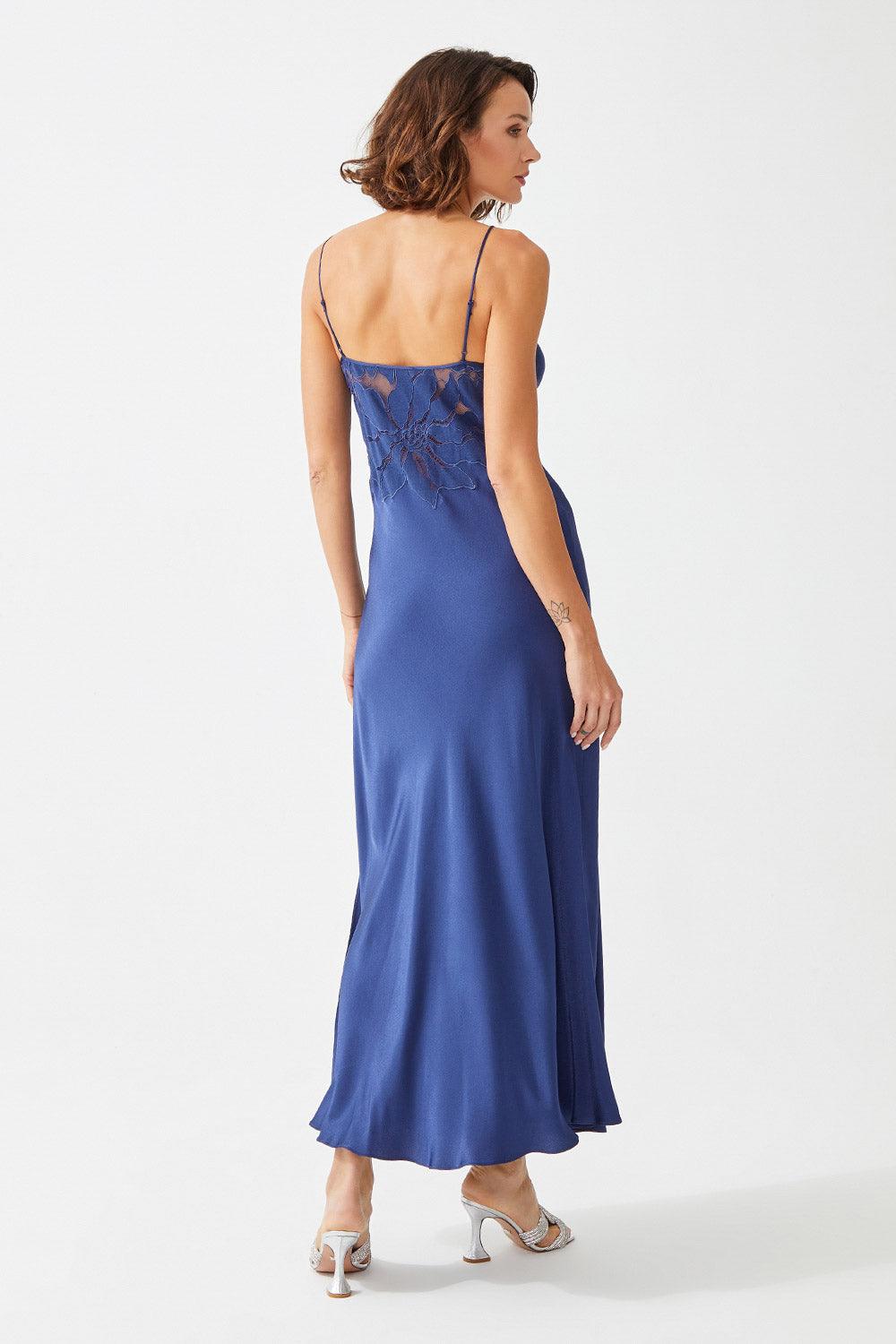 Clematis Long Rayon Full Trimmed with Lace Robe Set - Navy Blue - Bocan