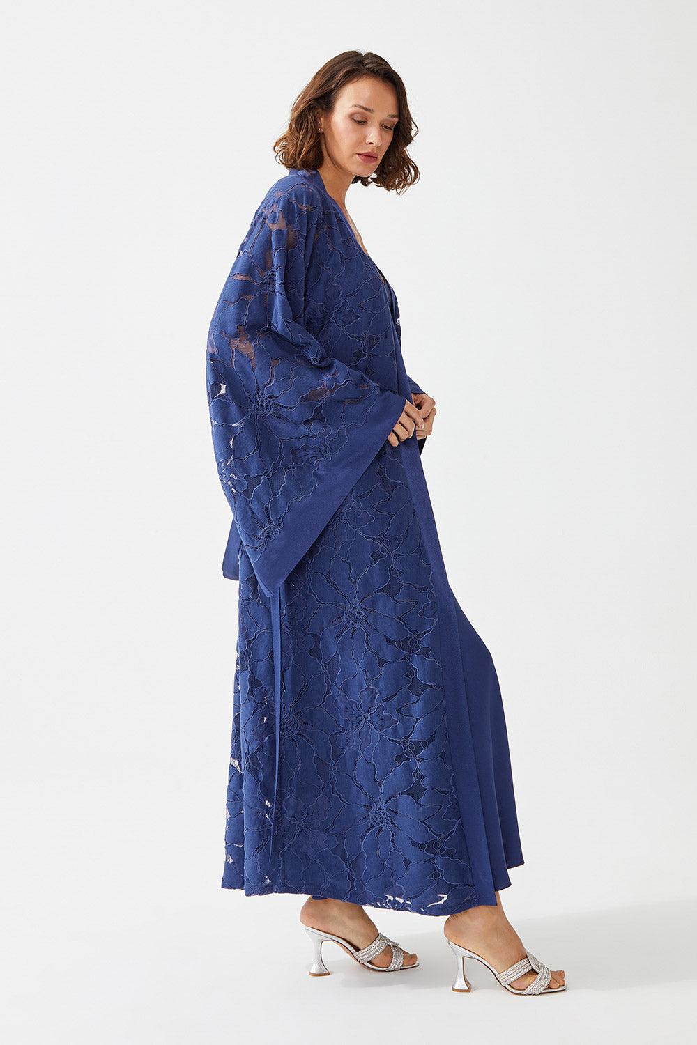 Clematis Long Rayon Full Trimmed with Lace Robe Set - Navy Blue - Bocan