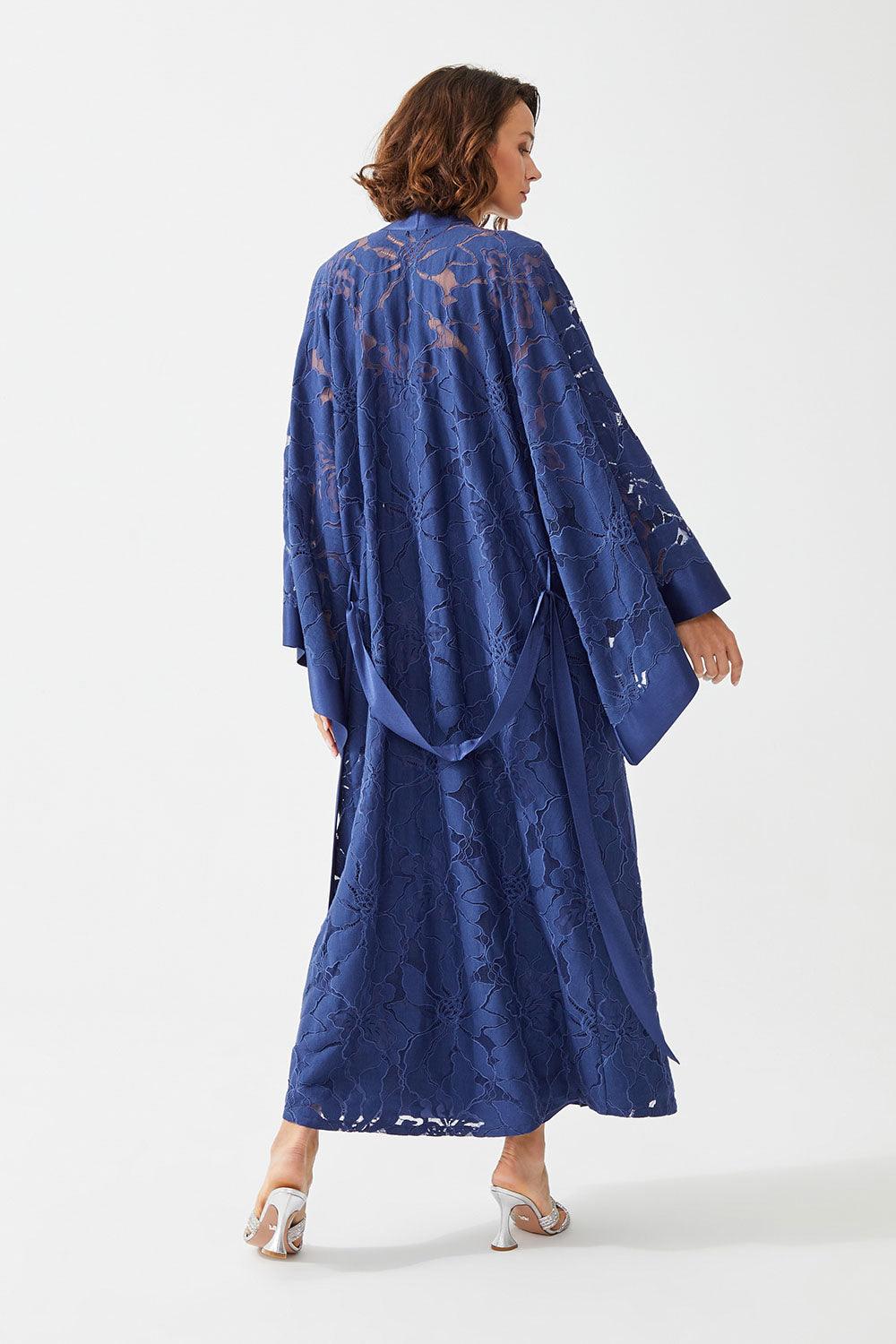 Clematis Long Rayon Full Trimmed with Lace Robe Set - Navy Blue - Bocan