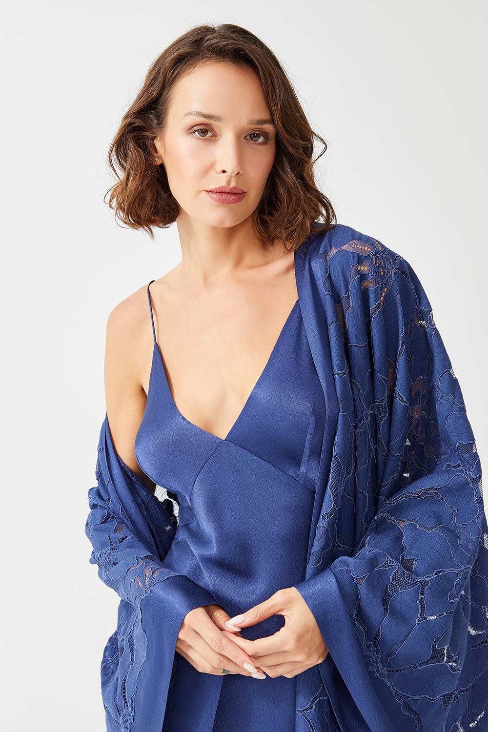 Clematis Long Rayon Full Trimmed with Lace Robe Set - Navy Blue - Bocan