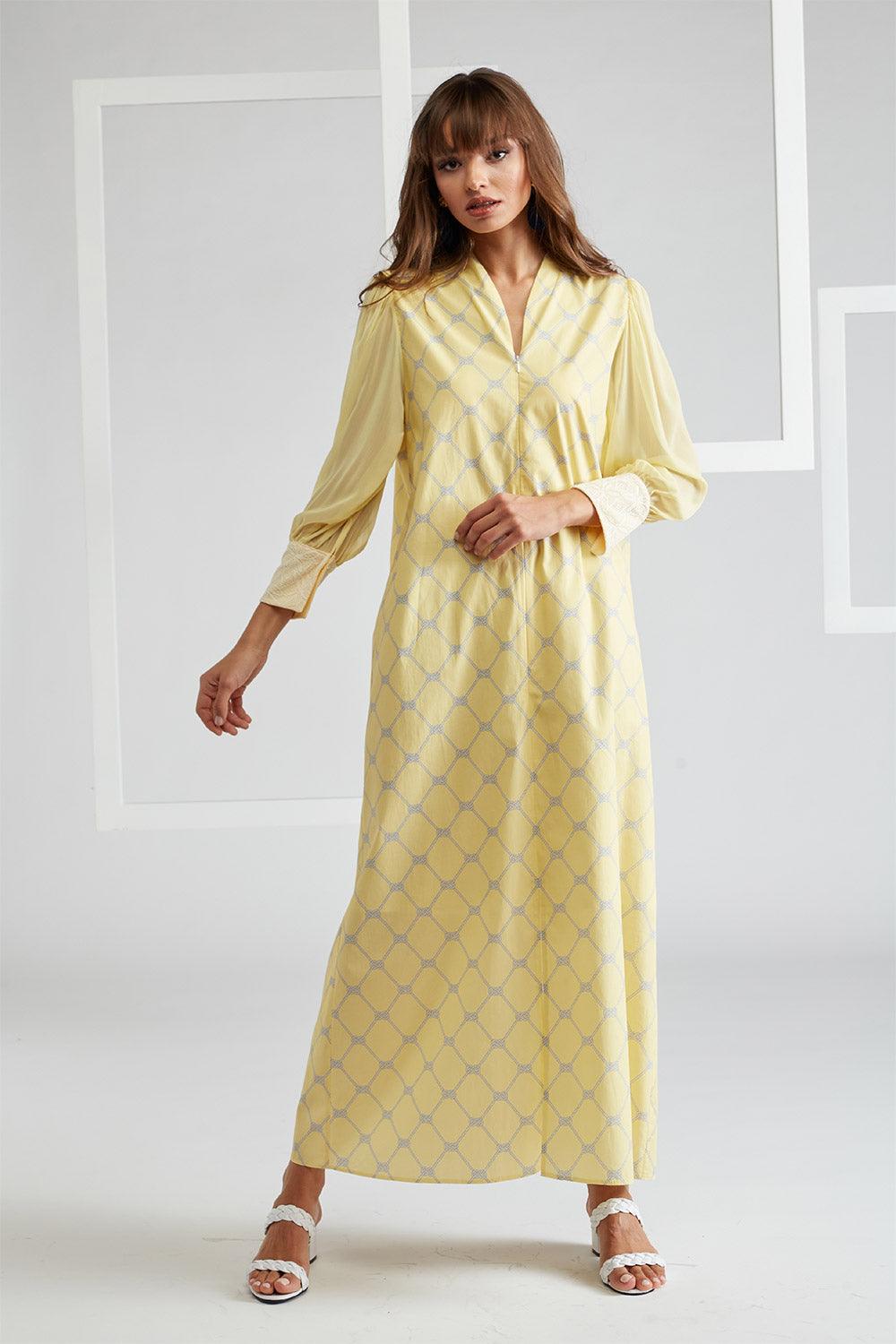 Cotton Poplin & Silk Chiffon Dress Yellow Printed - Daffodile - Bocan