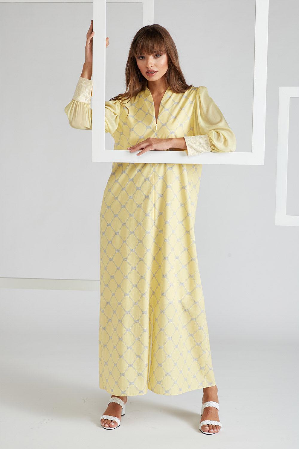 Cotton Poplin & Silk Chiffon Dress Yellow Printed - Daffodile - Bocan