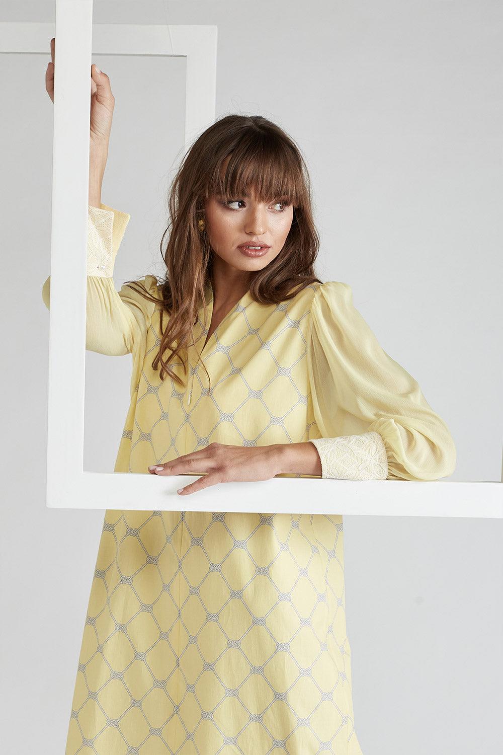 Cotton Poplin & Silk Chiffon Dress Yellow Printed - Daffodile - Bocan