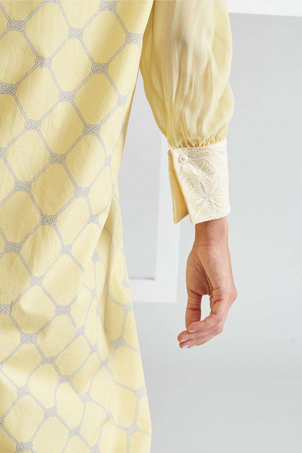Cotton Poplin & Silk Chiffon Dress Yellow Printed - Daffodile - Bocan