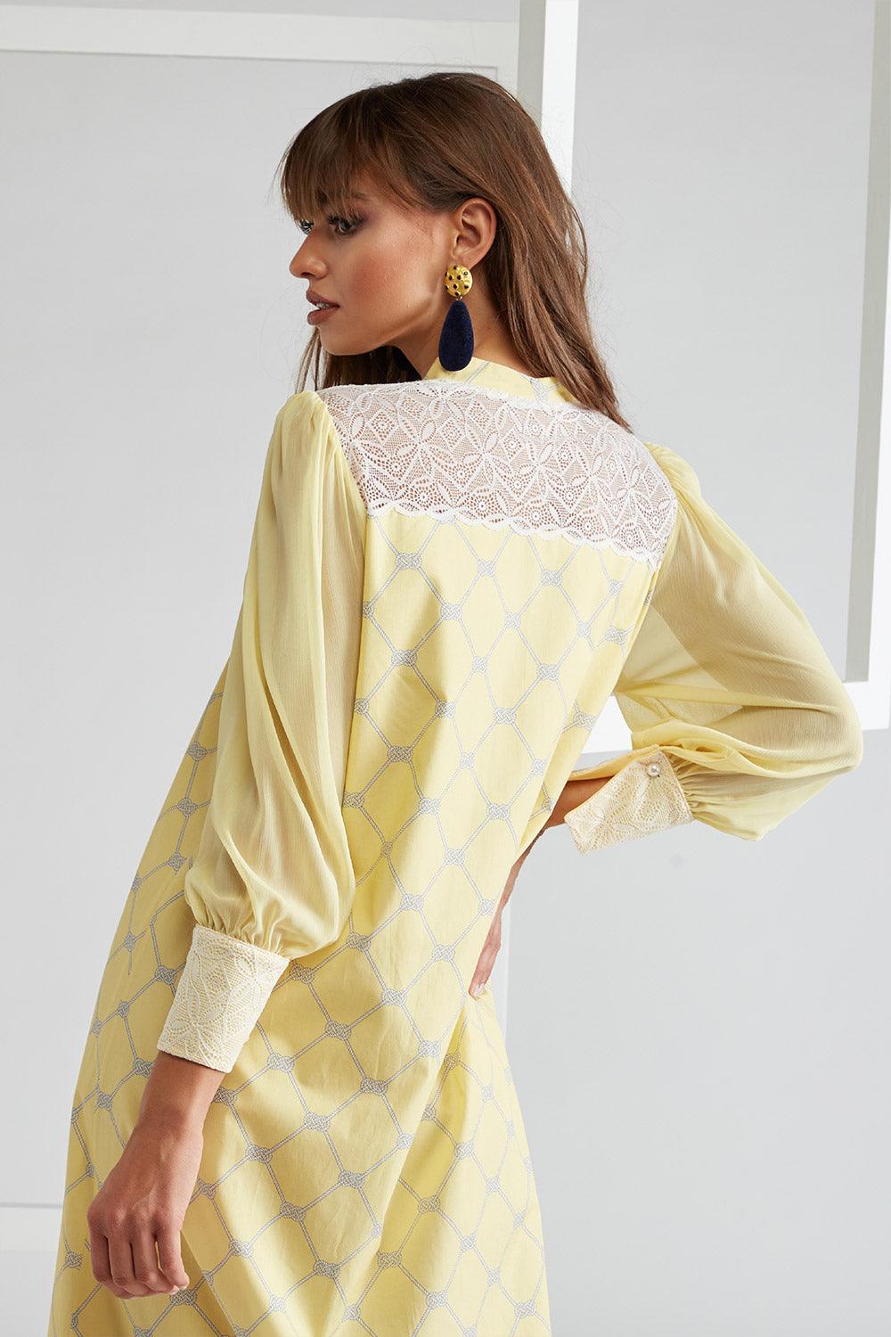 Cotton Poplin & Silk Chiffon Dress Yellow Printed - Daffodile - Bocan