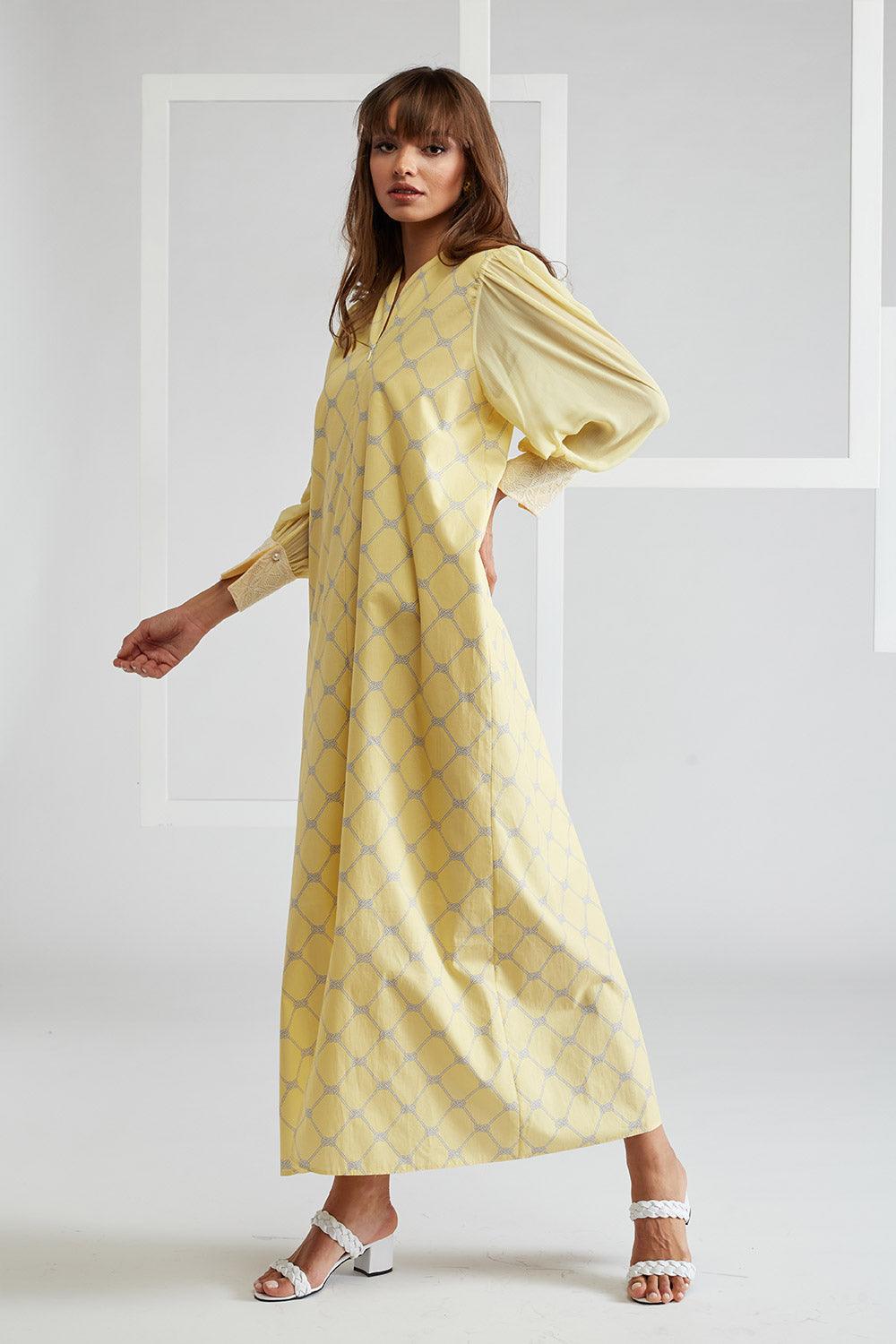 Cotton Poplin & Silk Chiffon Dress Yellow Printed - Daffodile - Bocan
