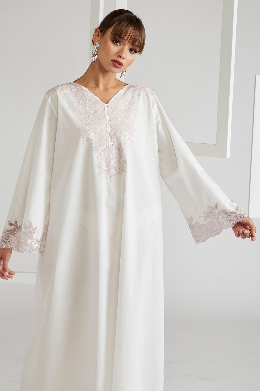 Cotton Poplin Dress Off White - Big Rose (Powder) - Bocan