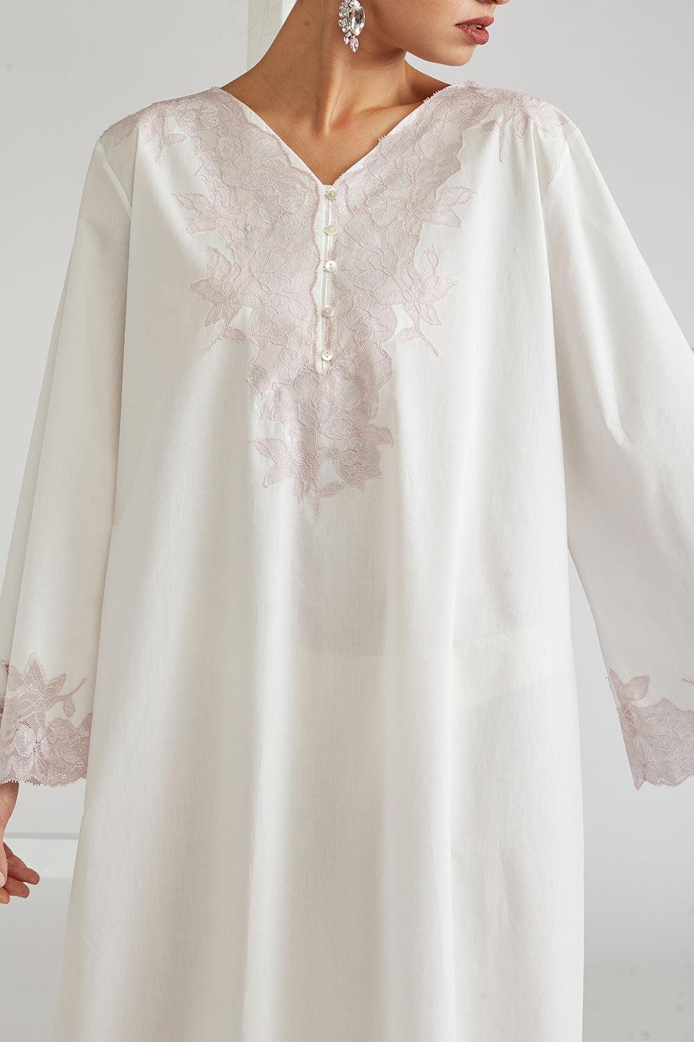 Cotton Poplin Dress Off White - Big Rose (Powder) - Bocan