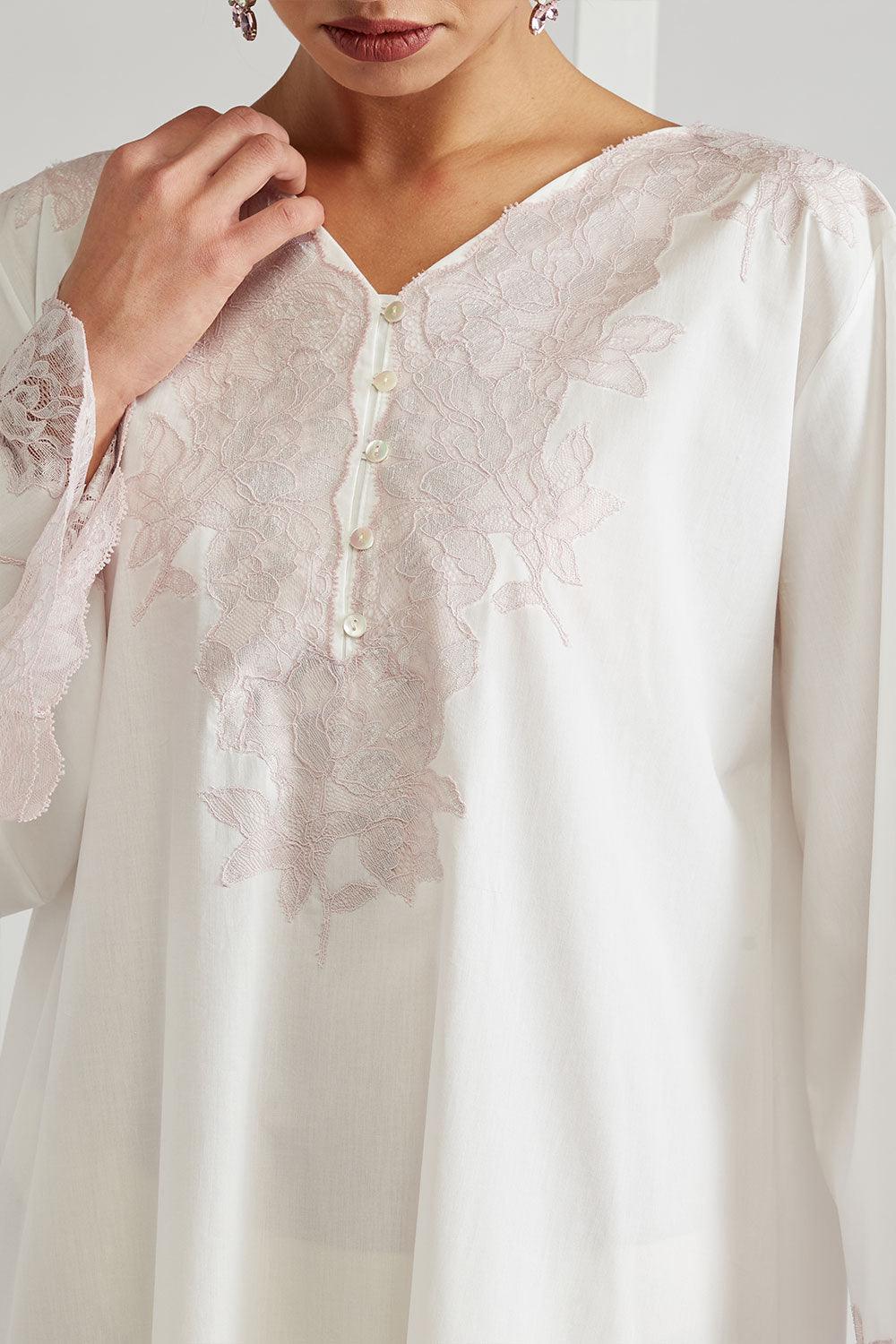Cotton Poplin Dress Off White - Big Rose (Powder) - Bocan