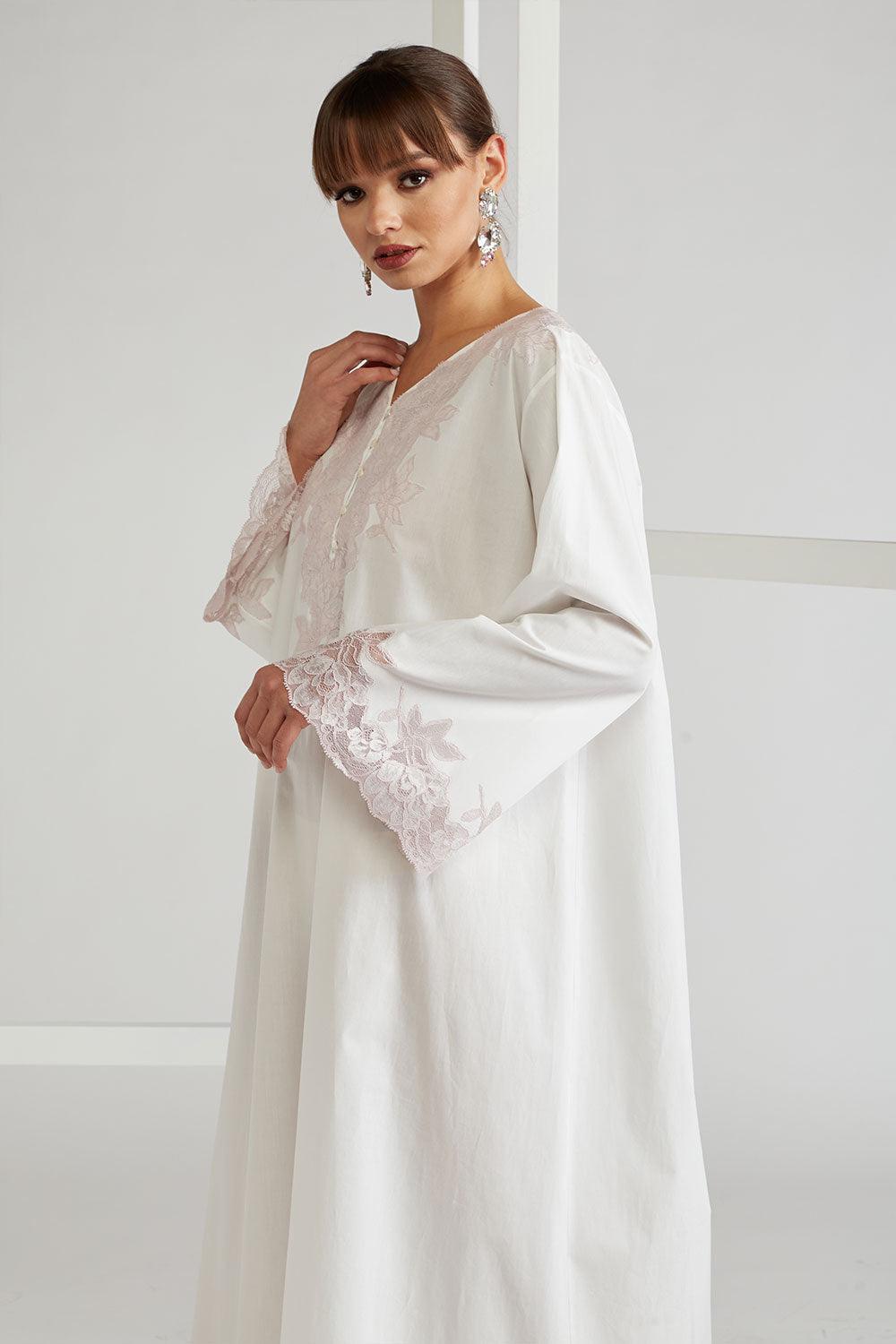 Cotton Poplin Dress Off White - Big Rose (Powder) - Bocan