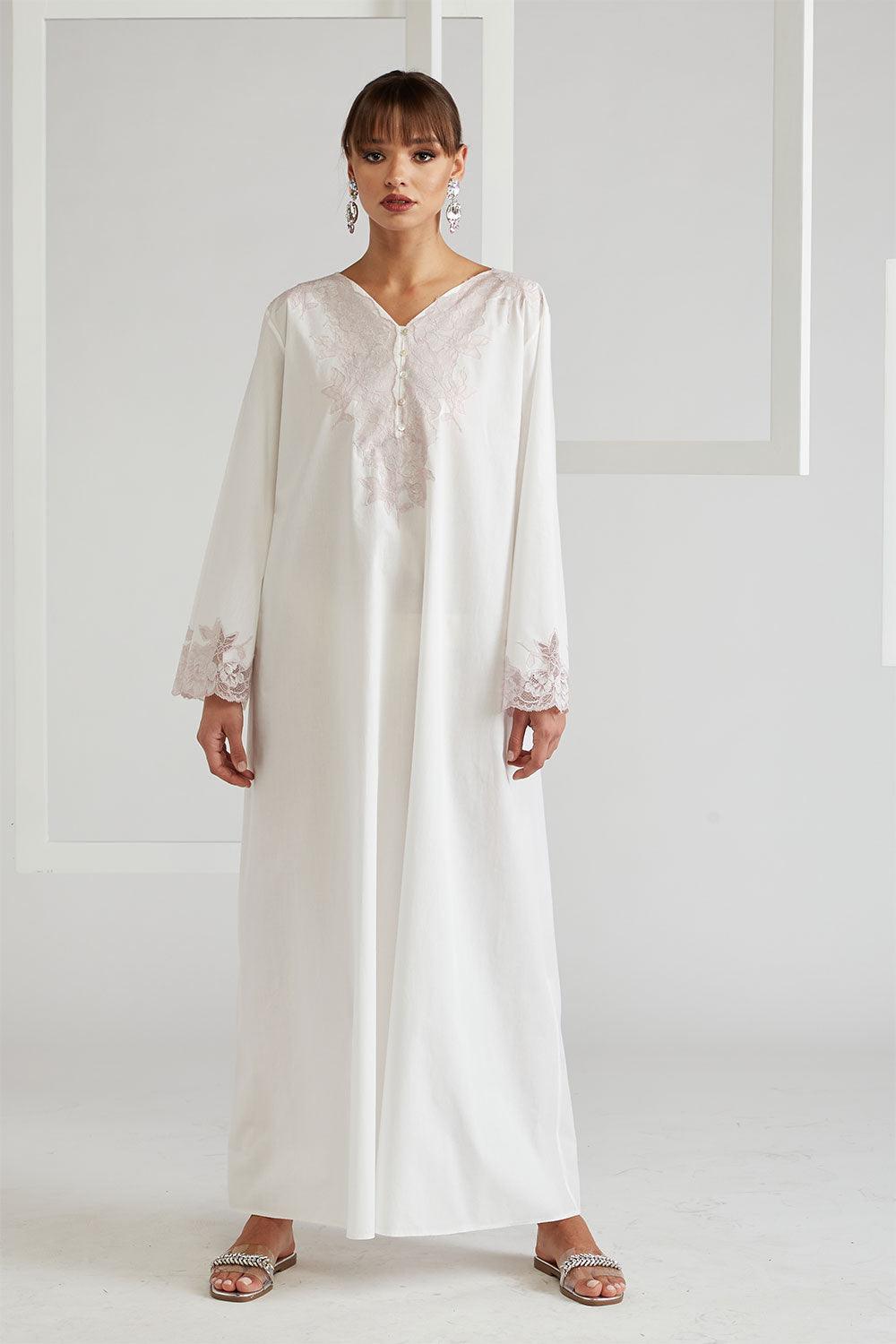 Cotton Poplin Dress Off White - Big Rose (Powder) - Bocan