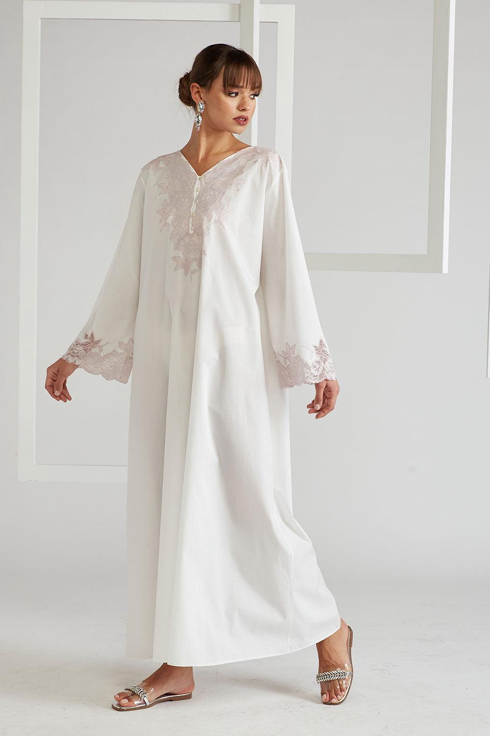 Cotton Poplin Dress Off White - Big Rose (Powder) - Bocan