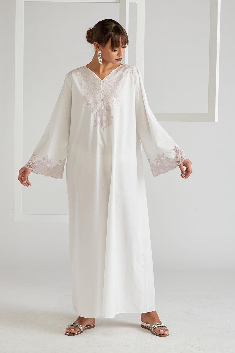 Cotton Poplin Dress Off White - Big Rose (Powder) - Bocan