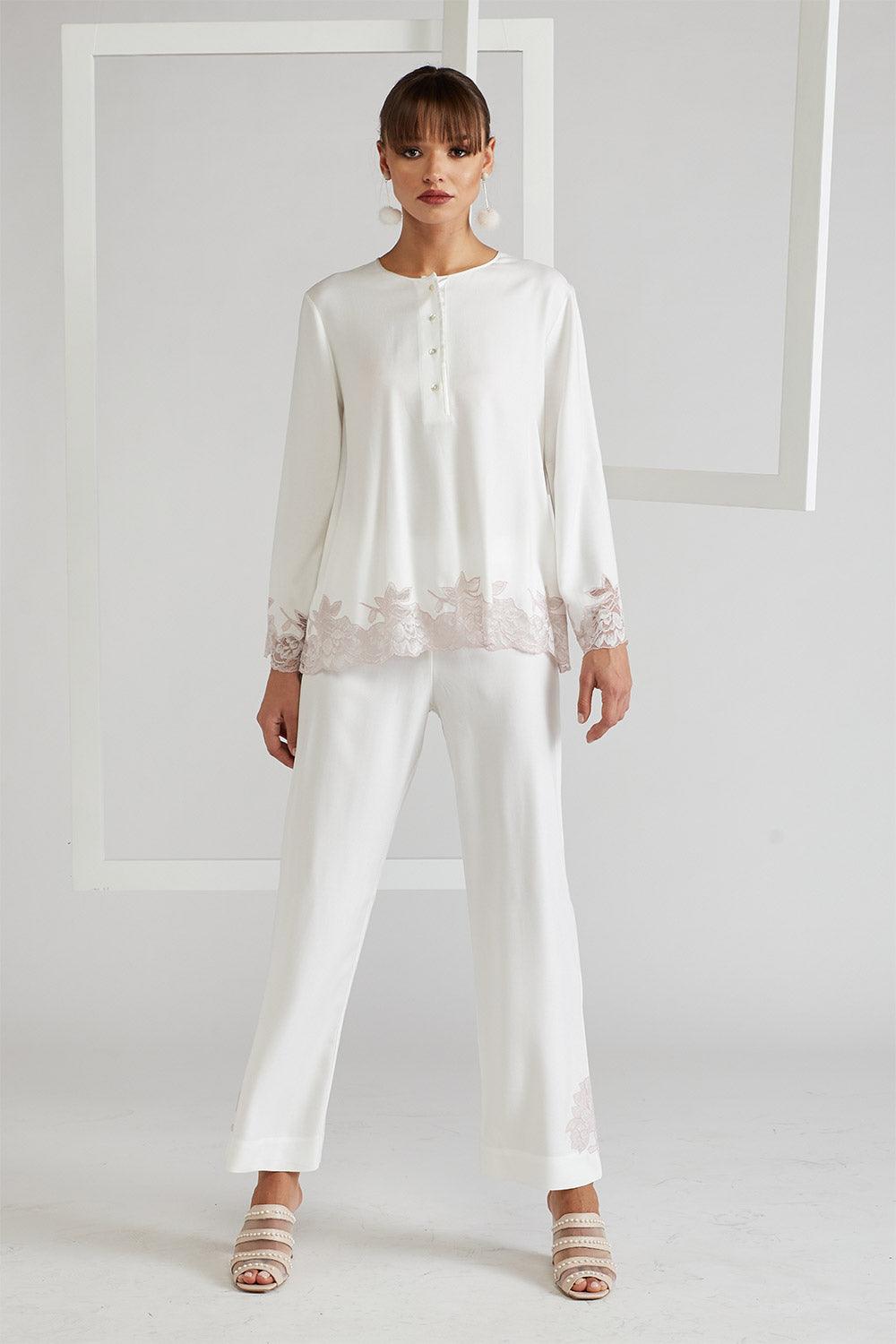 Cotton Pyjama Set Powder Off White- Big Rose - Bocan