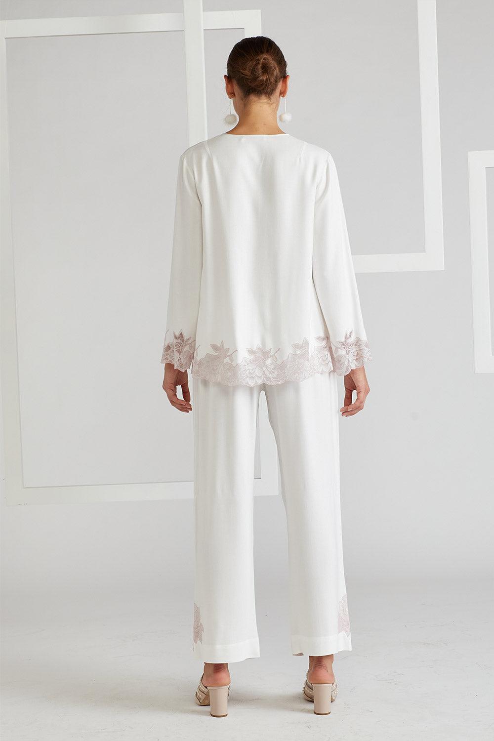 Cotton Pyjama Set Powder Off White- Big Rose - Bocan