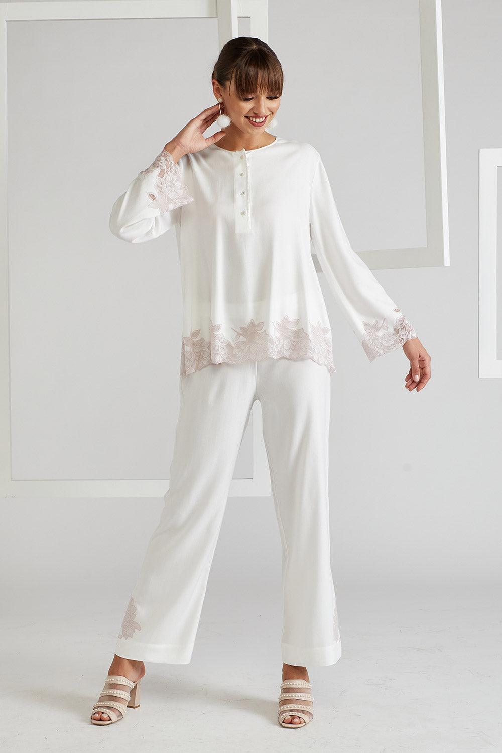 Cotton Pyjama Set Powder Off White- Big Rose - Bocan
