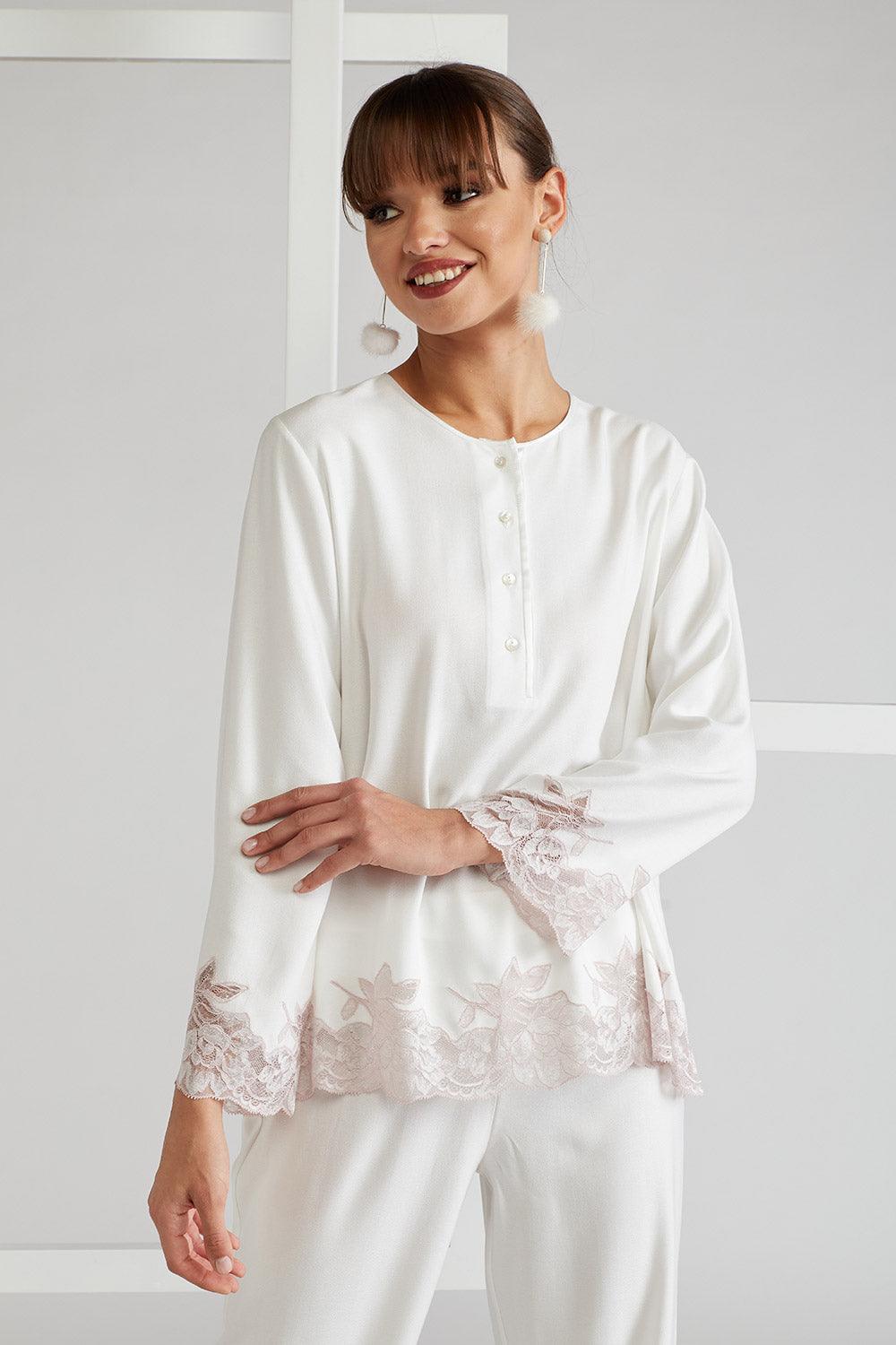 Cotton Pyjama Set Powder Off White- Big Rose - Bocan