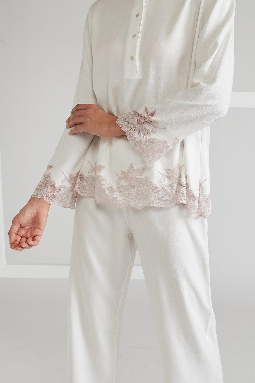 Cotton Pyjama Set Powder Off White- Big Rose - Bocan