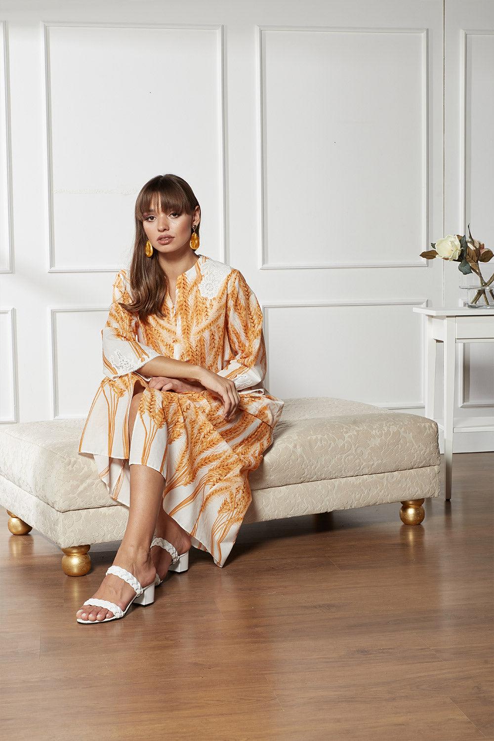Cotton Voile Dress Printed Light Brown - Ala - Bocan