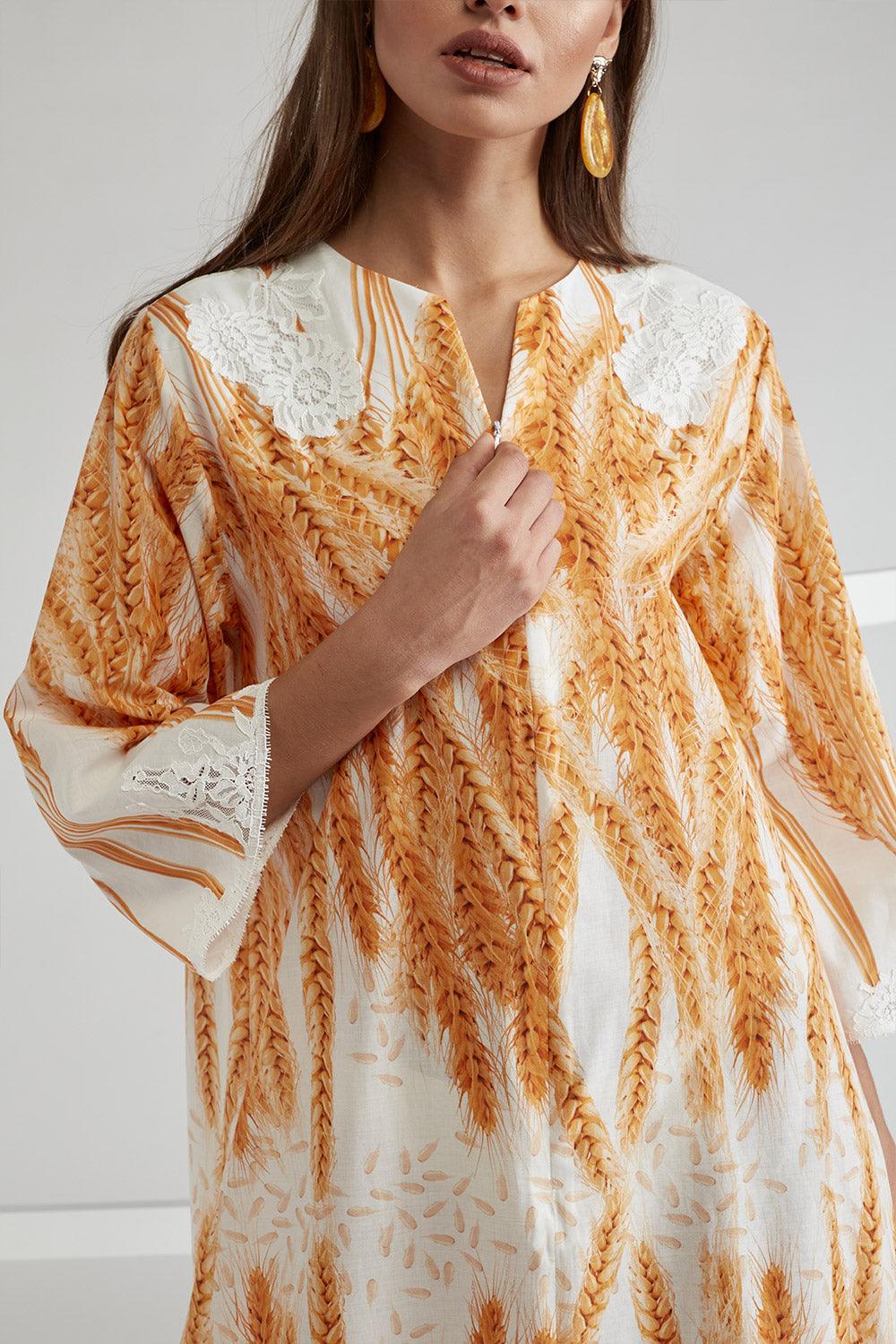 Cotton Voile Dress Printed Light Brown - Ala - Bocan