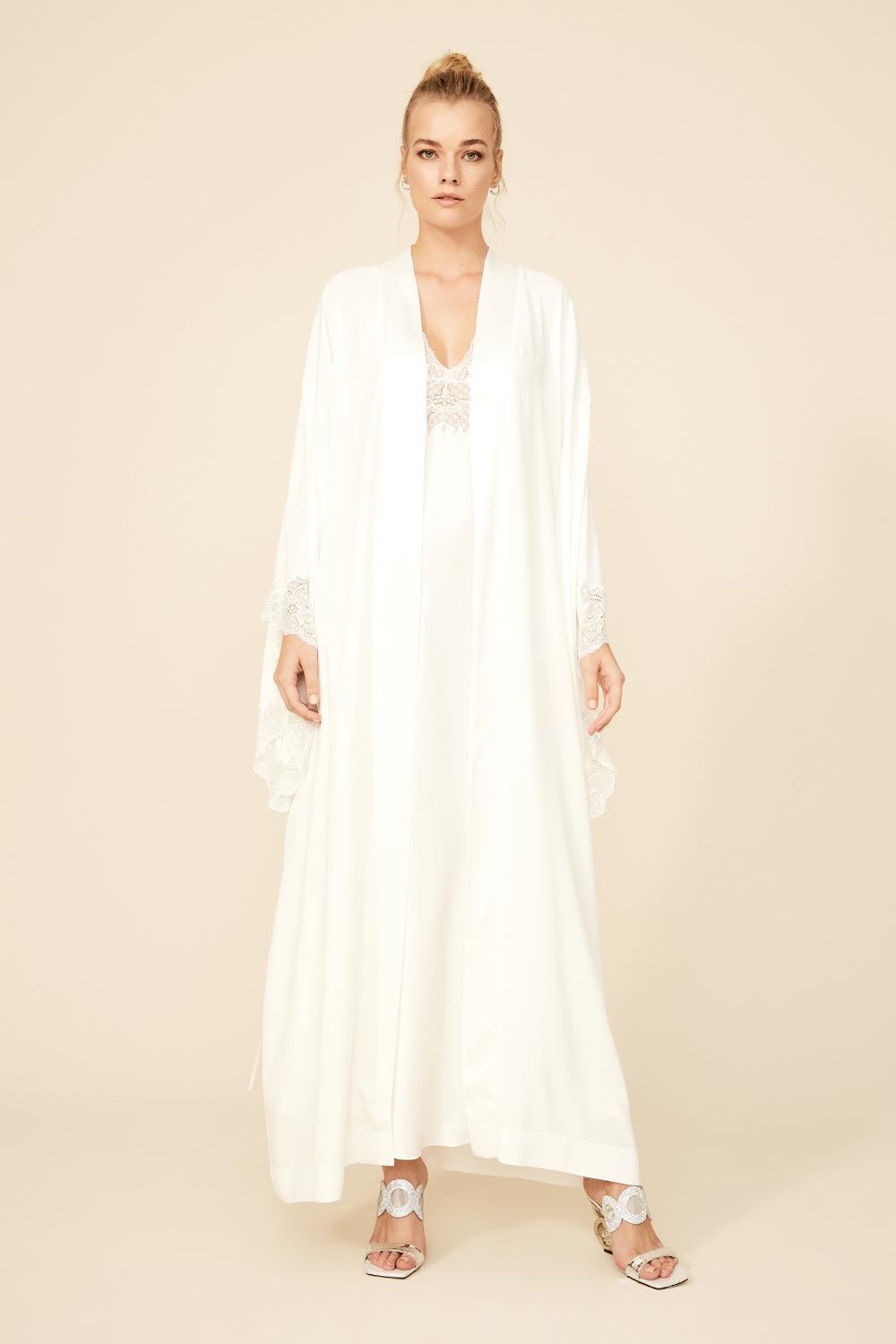 Darcy - Long Rayon Kimono Robe Set - Off White with Silver Lace - Bocan