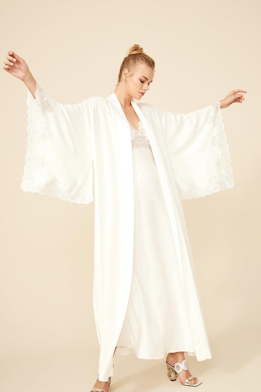 Darcy - Long Rayon Kimono Robe Set - Off White with Silver Lace - Bocan