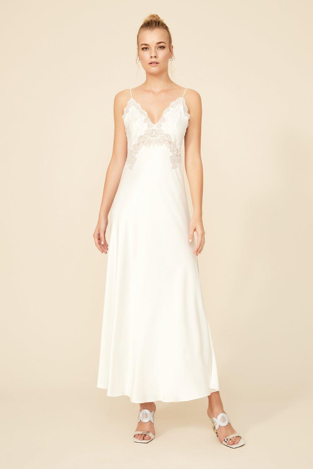 Darcy - Long Rayon Kimono Robe Set - Off White with Silver Lace - Bocan