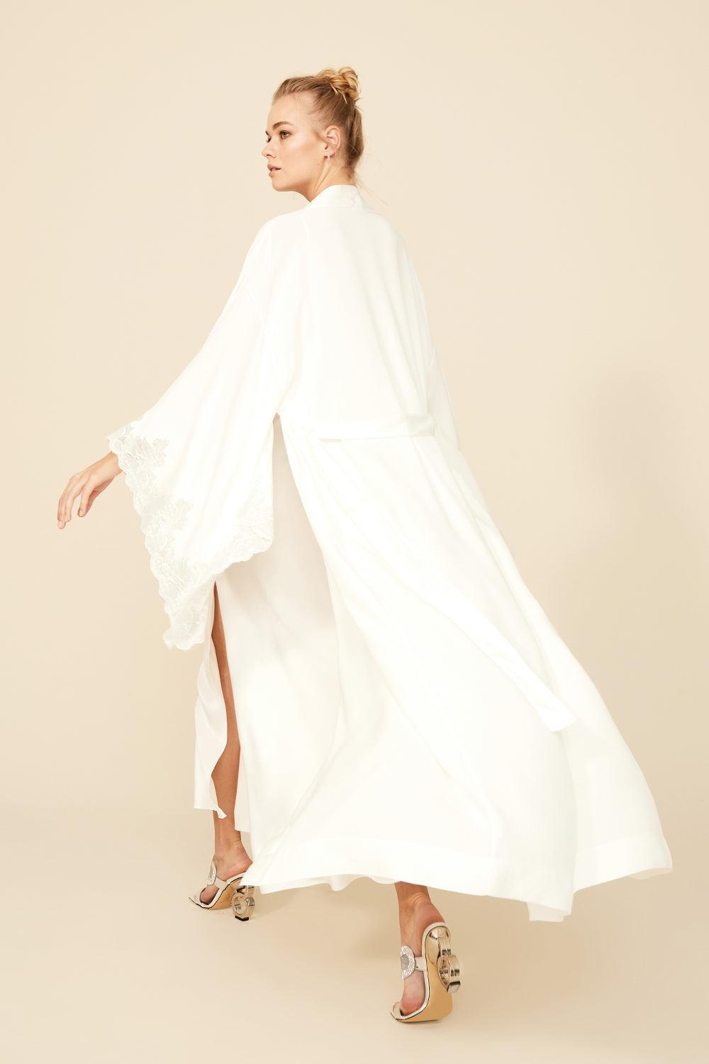 Darcy - Long Rayon Kimono Robe Set - Off White with Silver Lace - Bocan