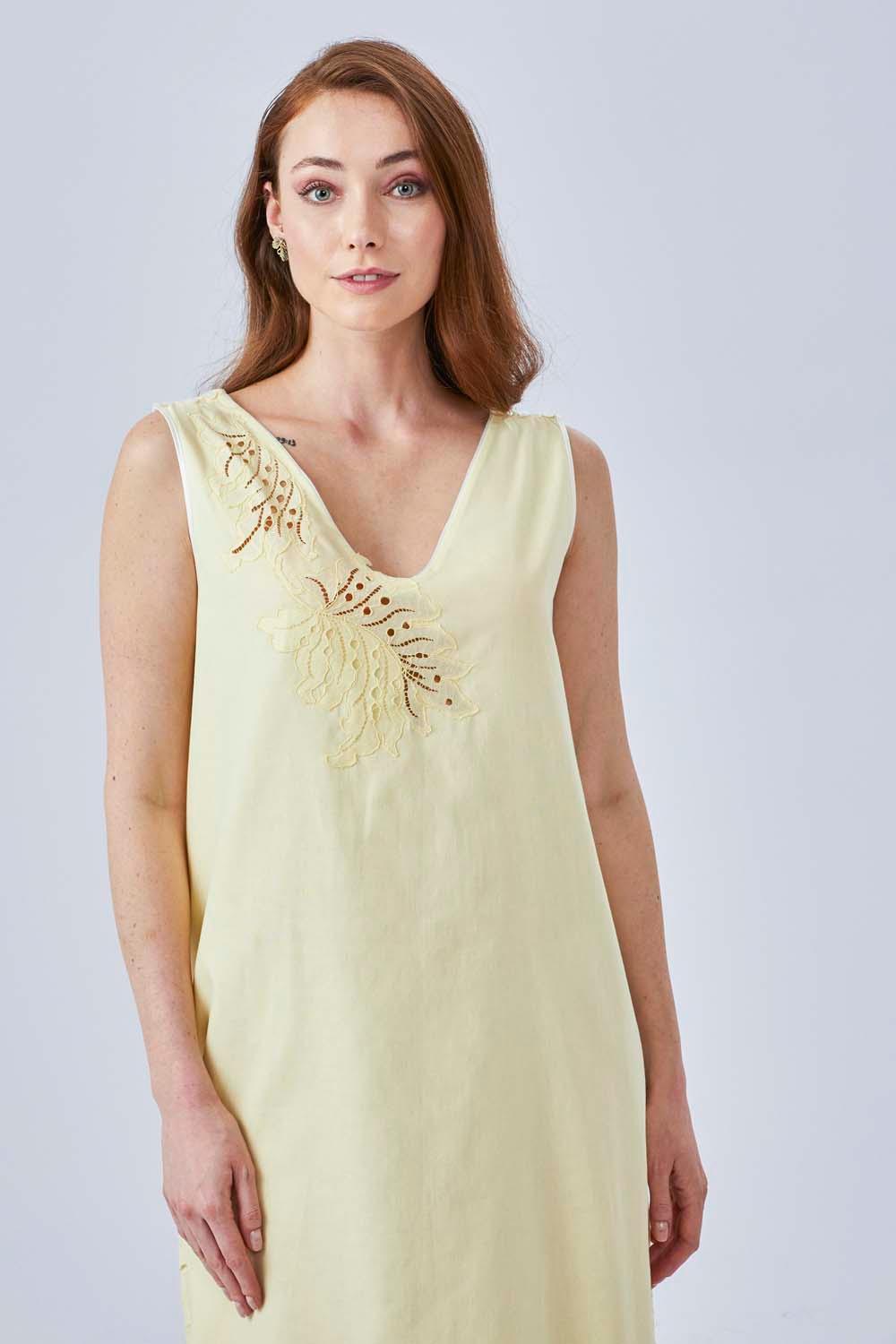 Demi- Long Cotton Buttoned Nightgown - Yellow - Bocan