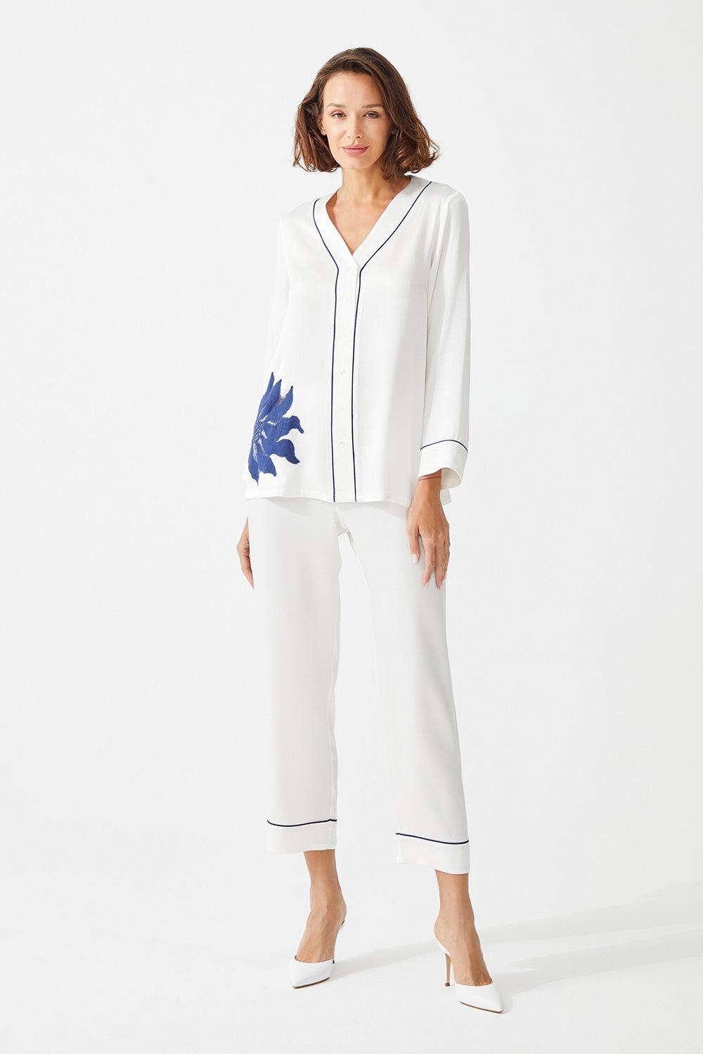 Diantha Trimmed Rayon and Buttoned Long Sleeve Pyjama Set - Off White - Bocan
