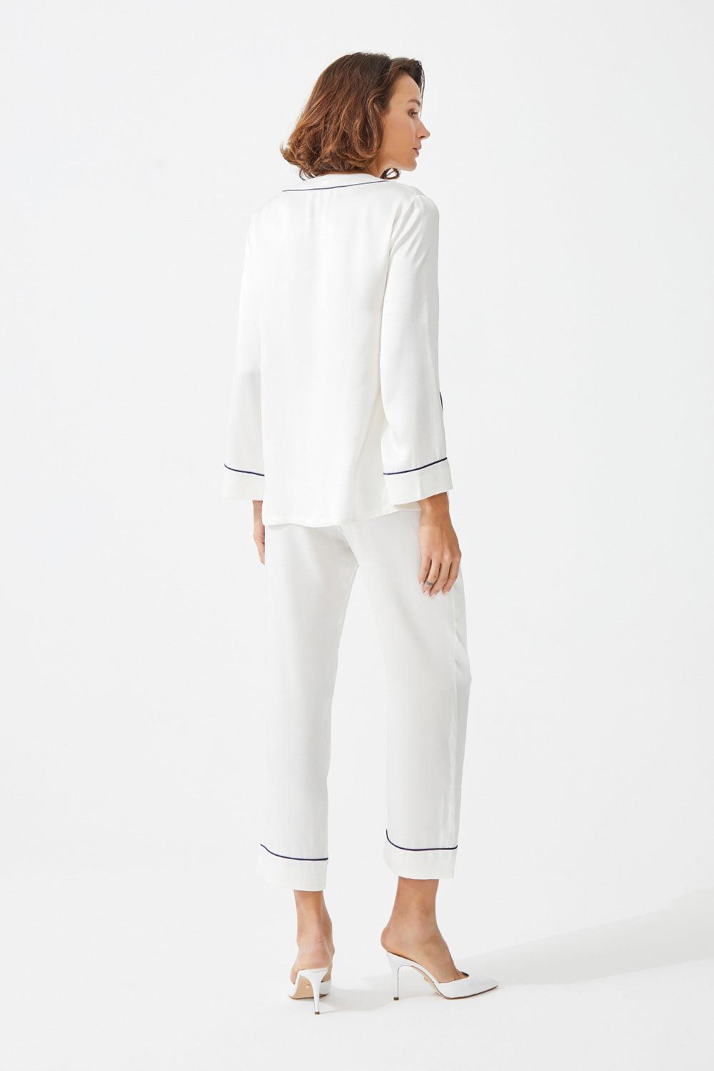 Diantha Trimmed Rayon and Buttoned Long Sleeve Pyjama Set - Off White - Bocan