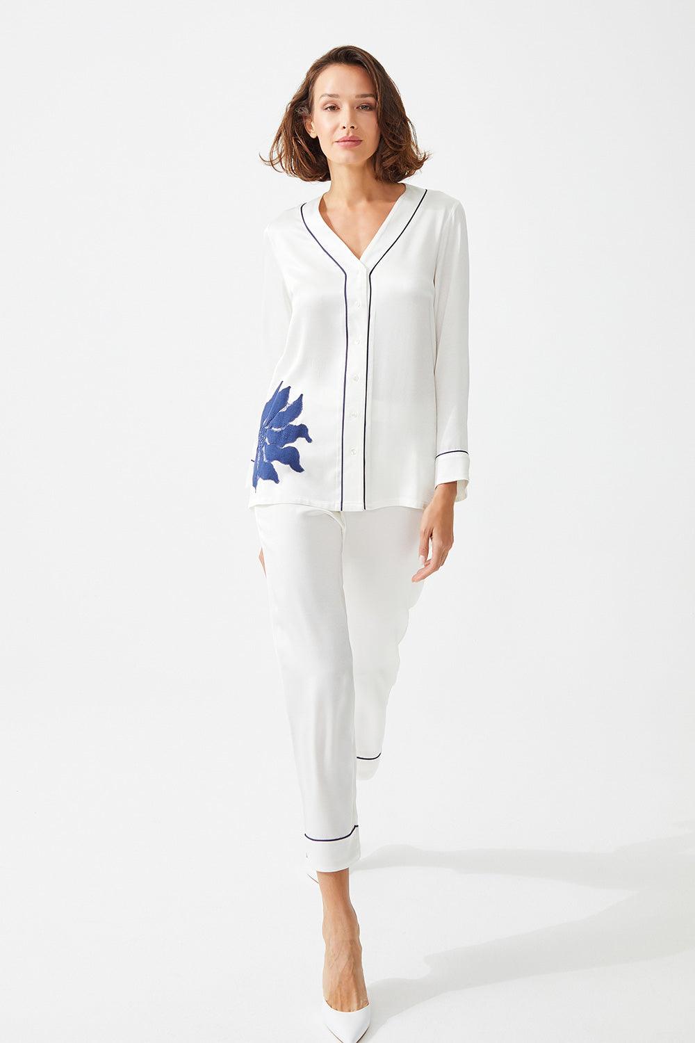 Diantha Trimmed Rayon and Buttoned Long Sleeve Pyjama Set - Off White - Bocan