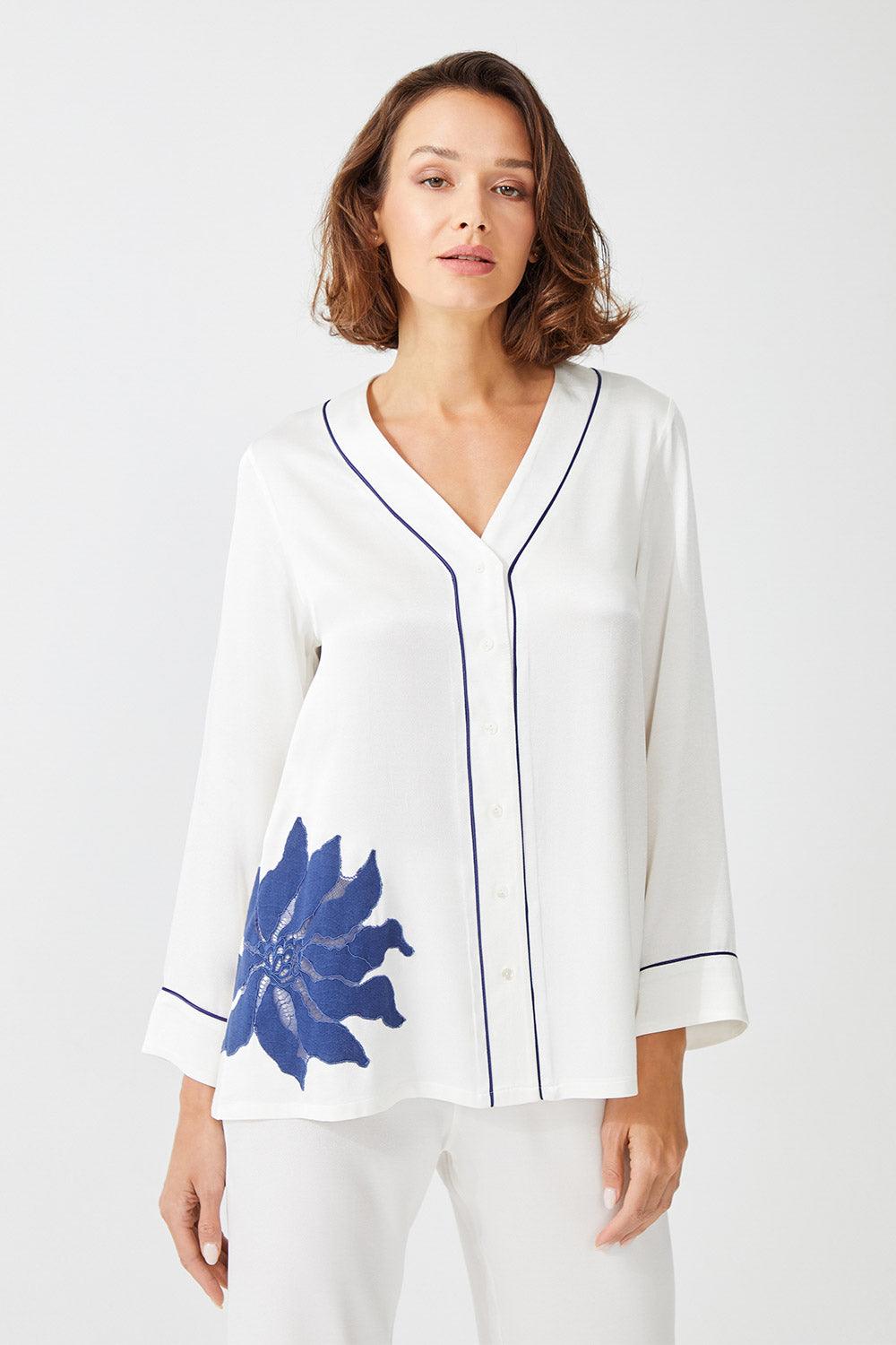 Diantha Trimmed Rayon and Buttoned Long Sleeve Pyjama Set - Off White - Bocan