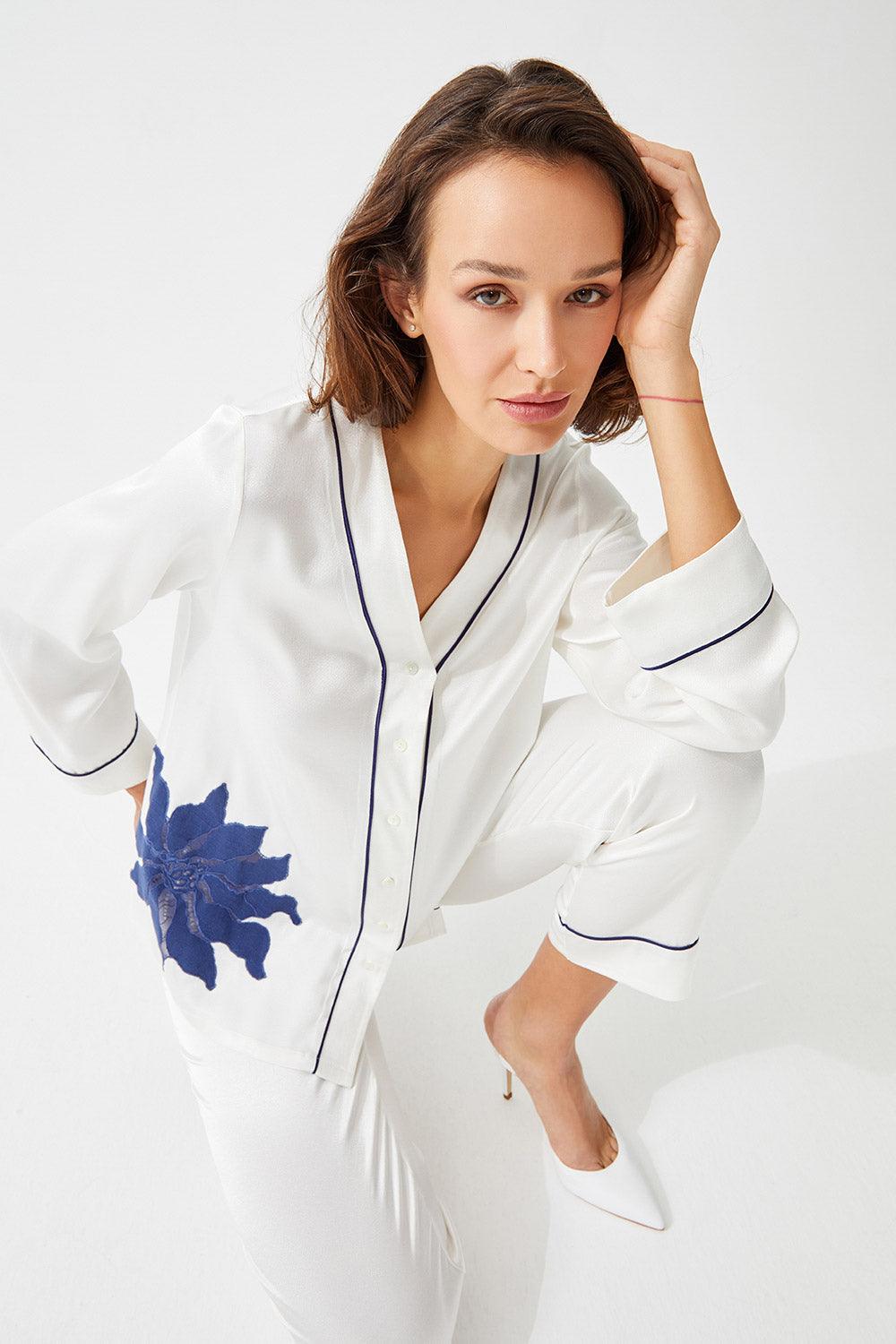 Diantha Trimmed Rayon and Buttoned Long Sleeve Pyjama Set - Off White - Bocan