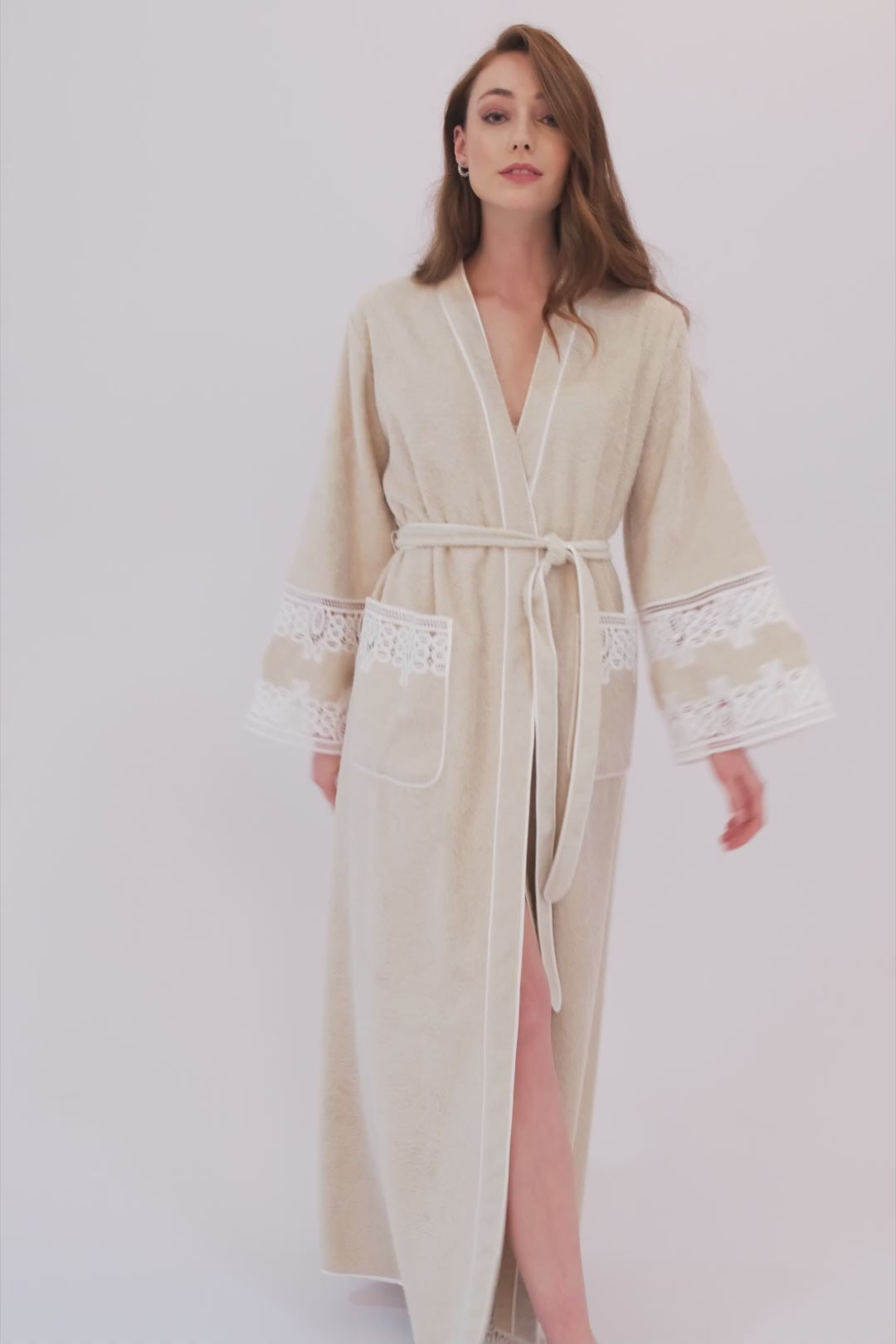 Aliki - Long Towel Belted Bathrobe - Beige