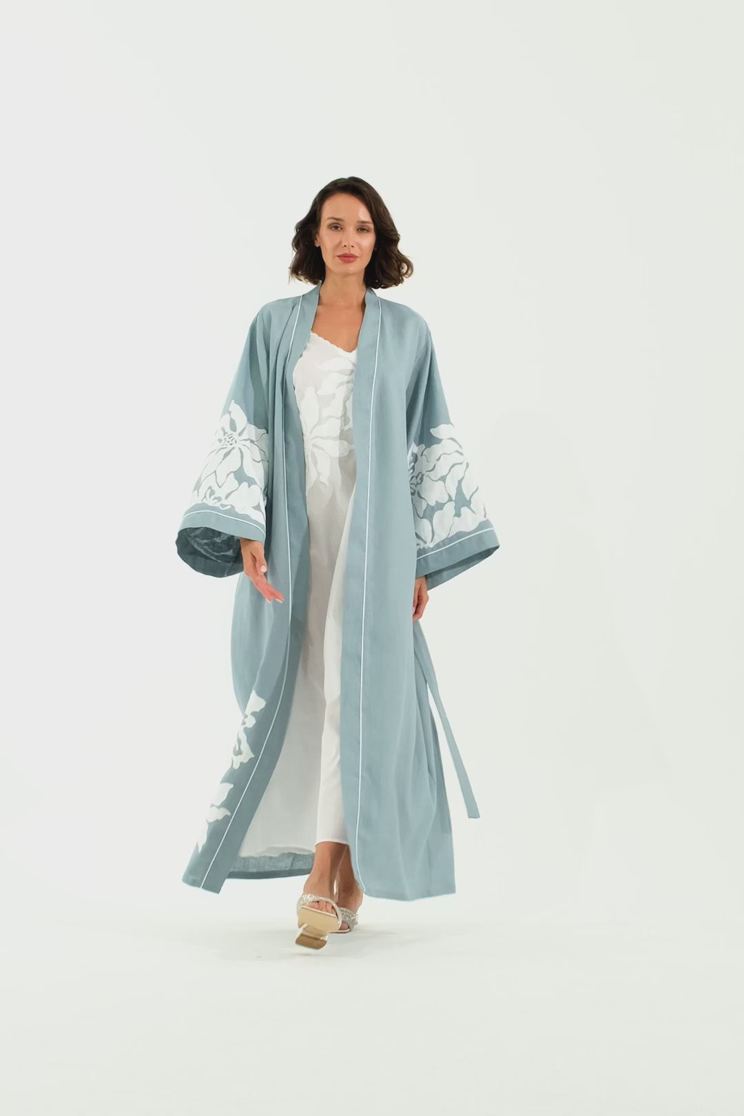 Acacia Long Linen Embroidered with Lace Kaftan Set - Nile Green