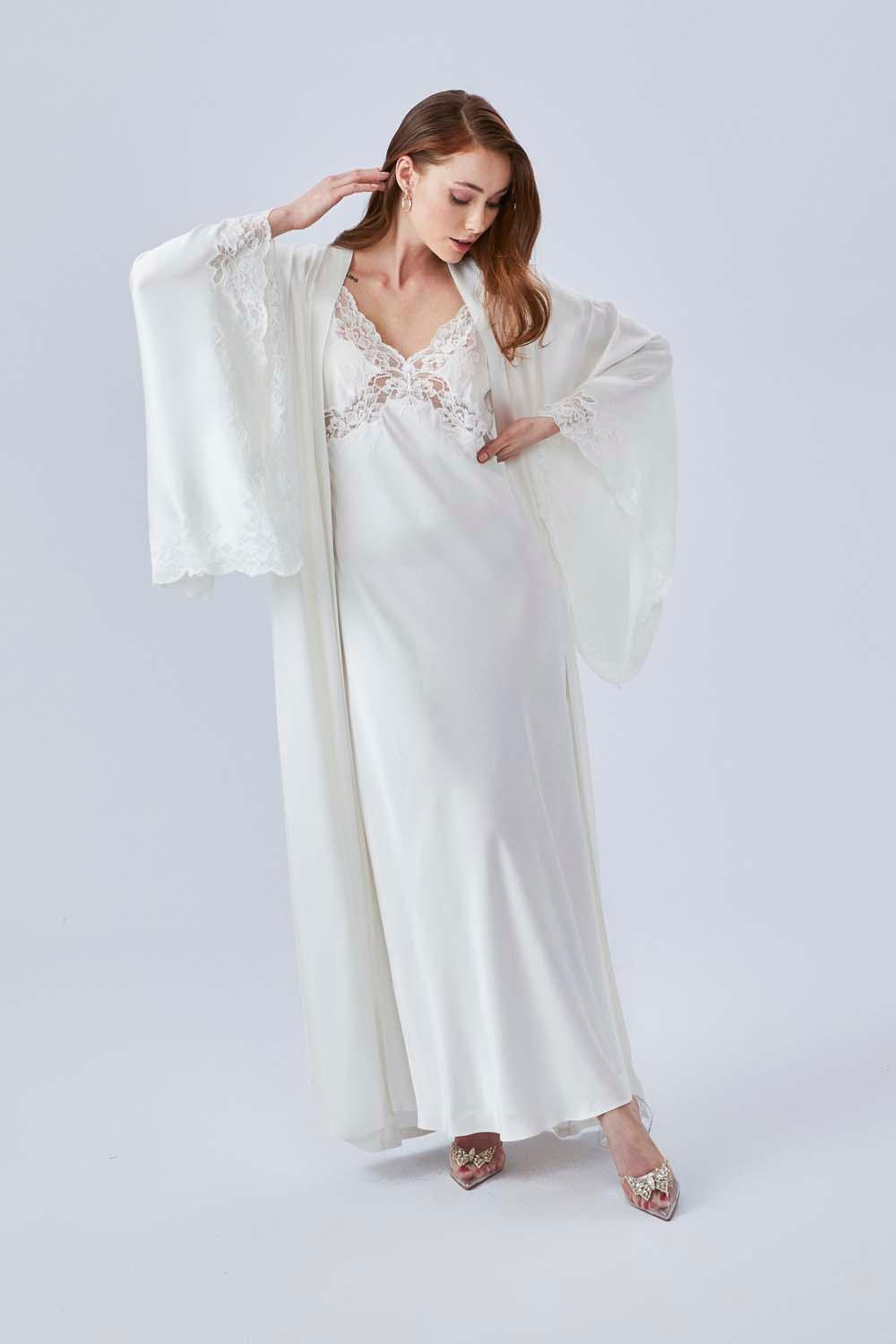 Elpida- Long Rayon Robe Set - Off White - Bocan