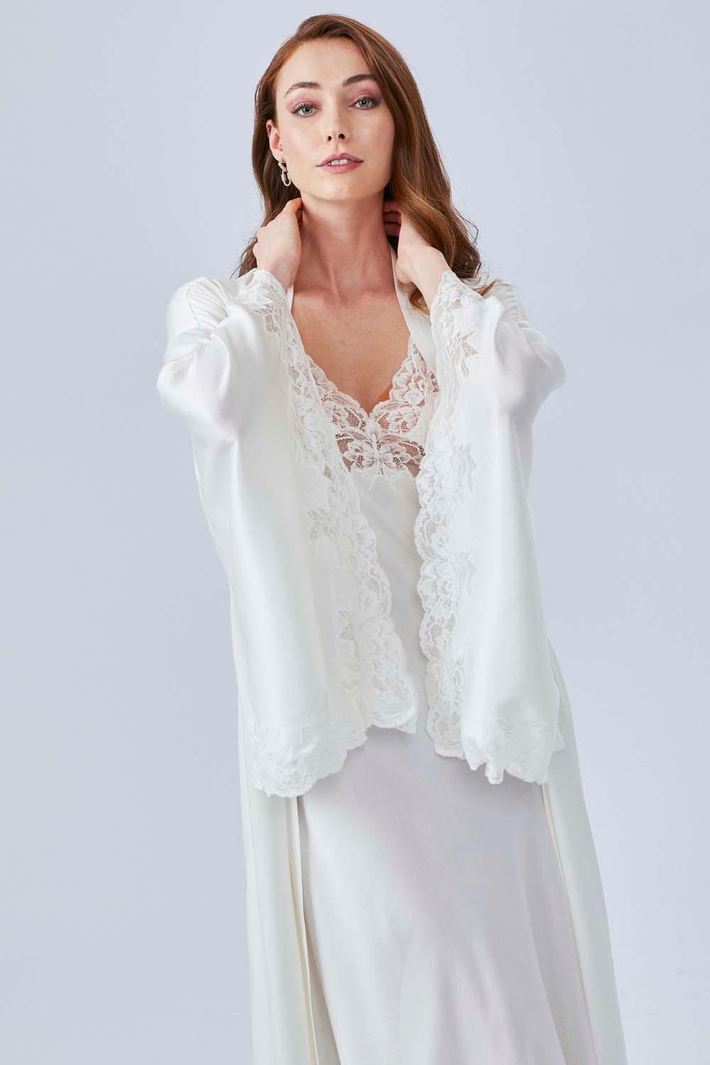 Elpida- Long Rayon Robe Set - Off White - Bocan