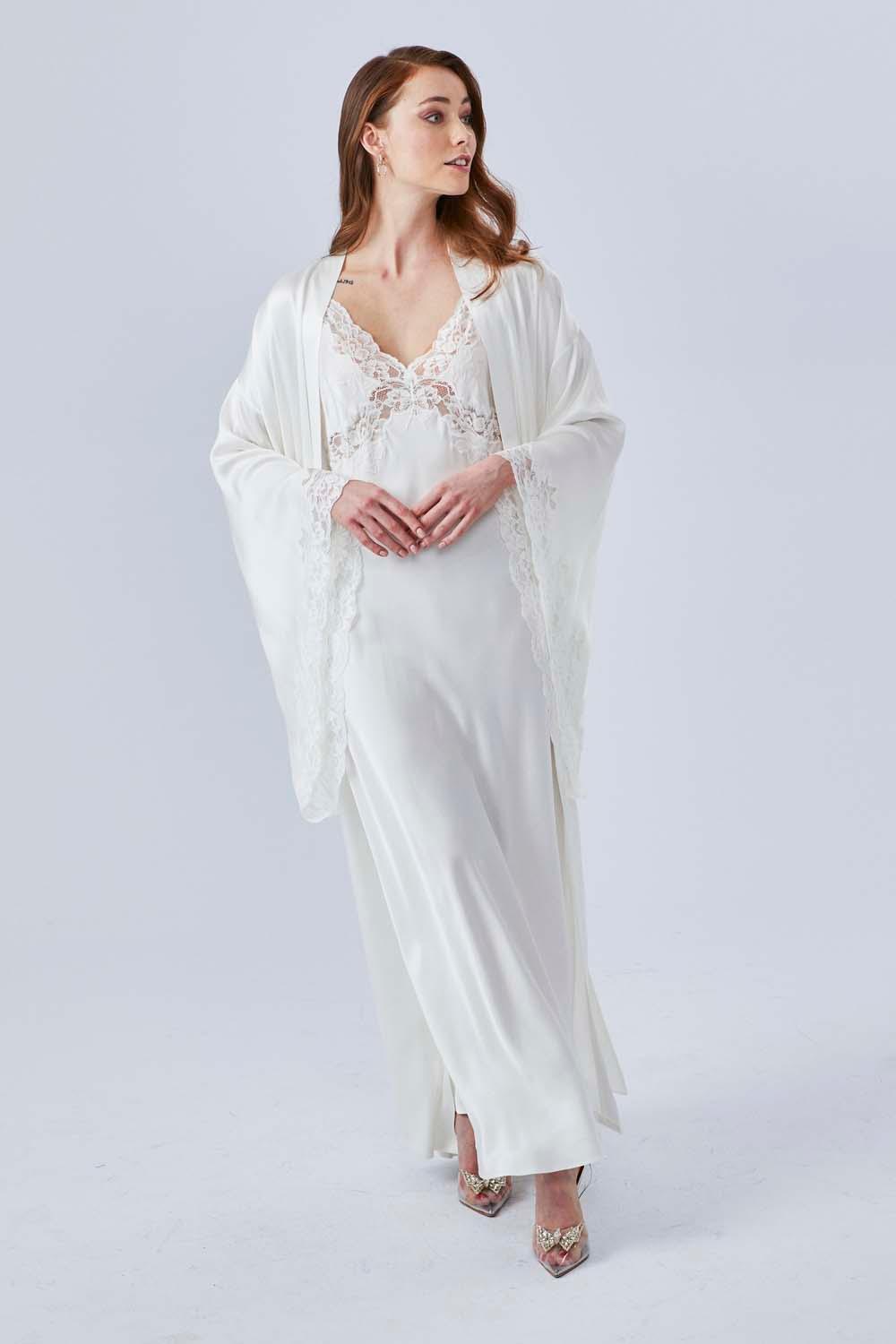 Elpida- Long Rayon Robe Set - Off White - Bocan